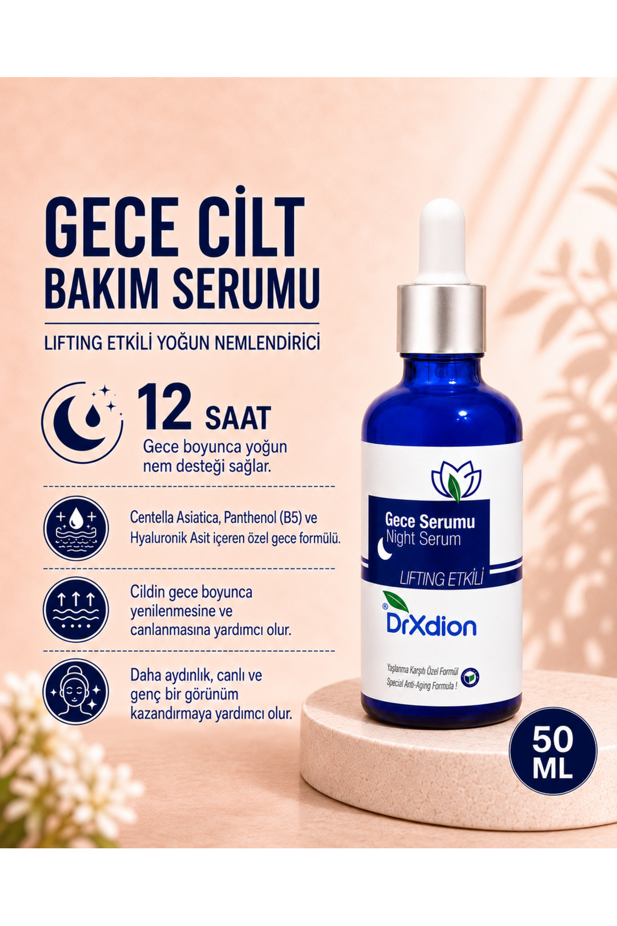 DrXdion Gece Cilt Bakım Serumu Panthenol(B5), Lifting Etkili Yoğun Nemlendirici Gece Formülü (50 ml) — sgece