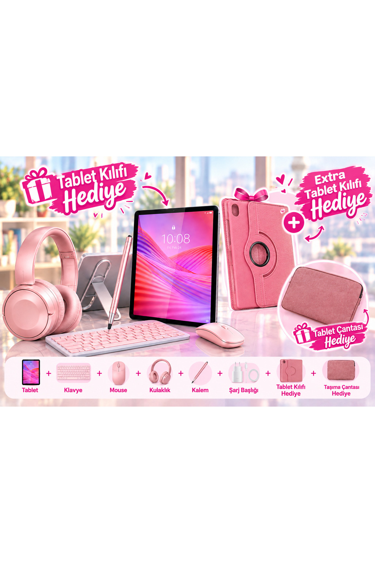 LENOVO Tab 4 GB/128 GB 10.1\"İNCH TABLET+ŞEFFAF KILIF+KLAVYE VE MOUSE+KALEM+KULAKLIK+ÇANTA HEDİYELİ(PEMBE)