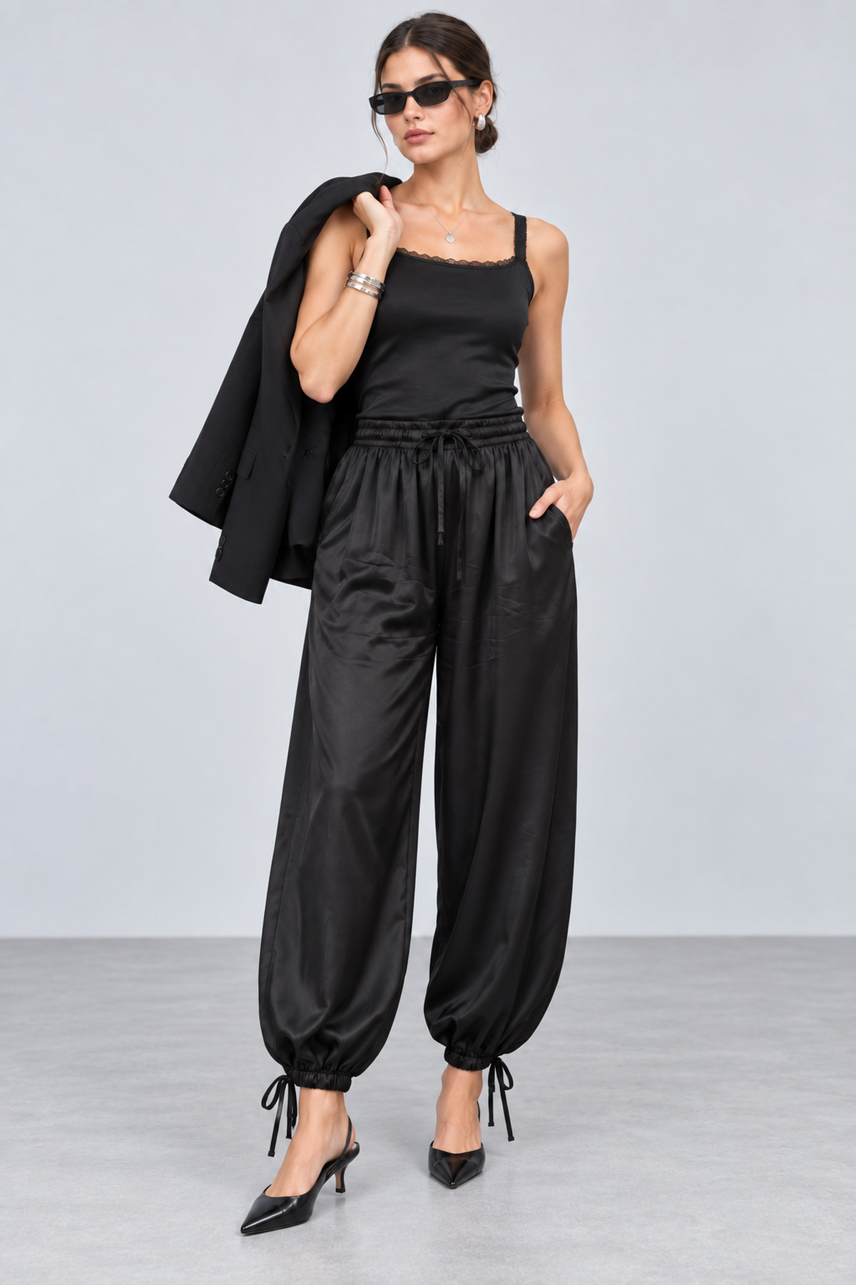FAARKCOLLECTİON Livia İpeksi Dokulu Premium Floş Saten Şalvar Pantolon