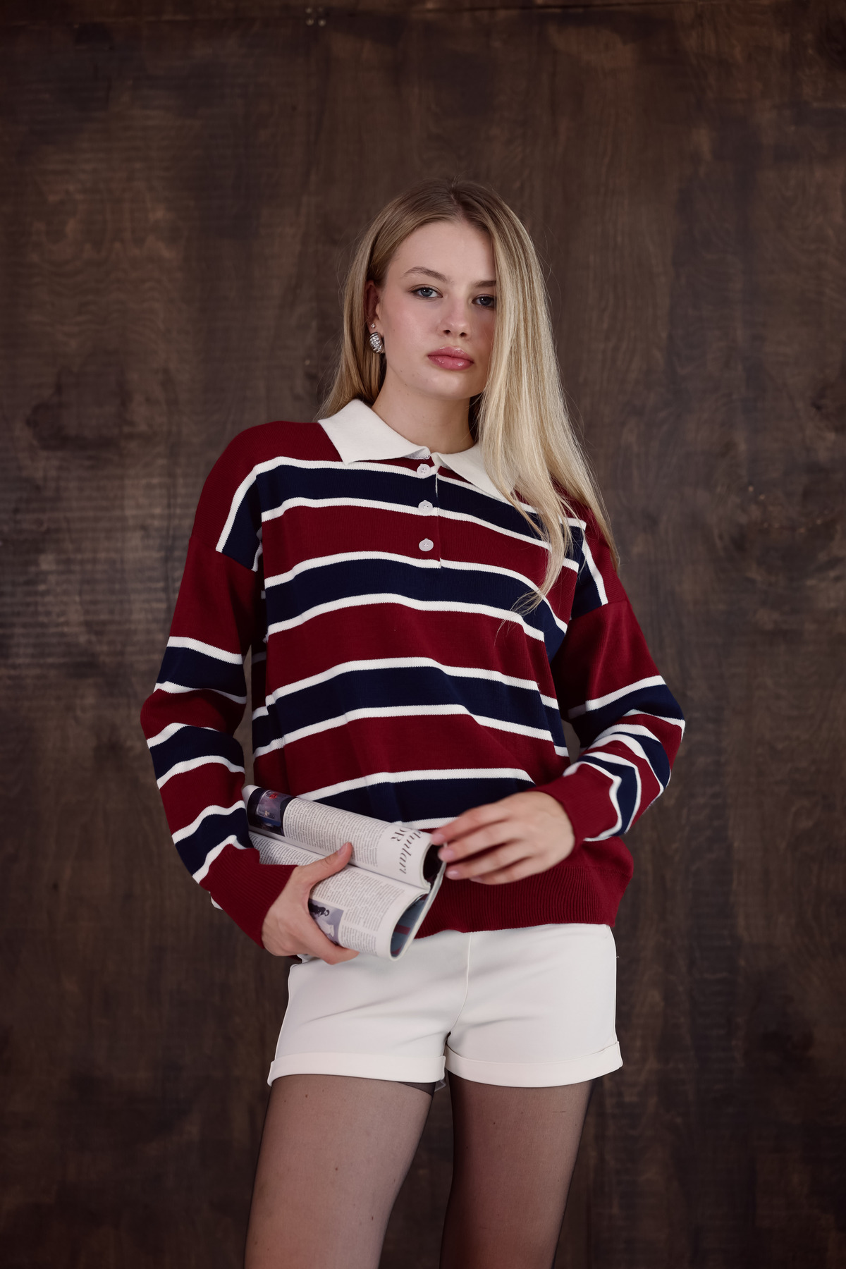 MODASPARK Bordo Çizgili Polo Yaka Düğmeli Kadın Triko Kazak