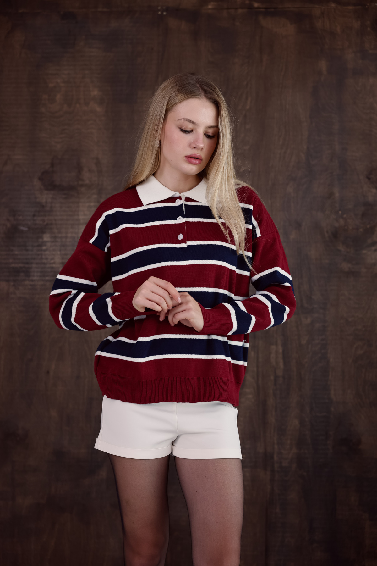 MODASPARK Bordo Çizgili Polo Yaka Düğmeli Kadın Triko Kazak görsel 4