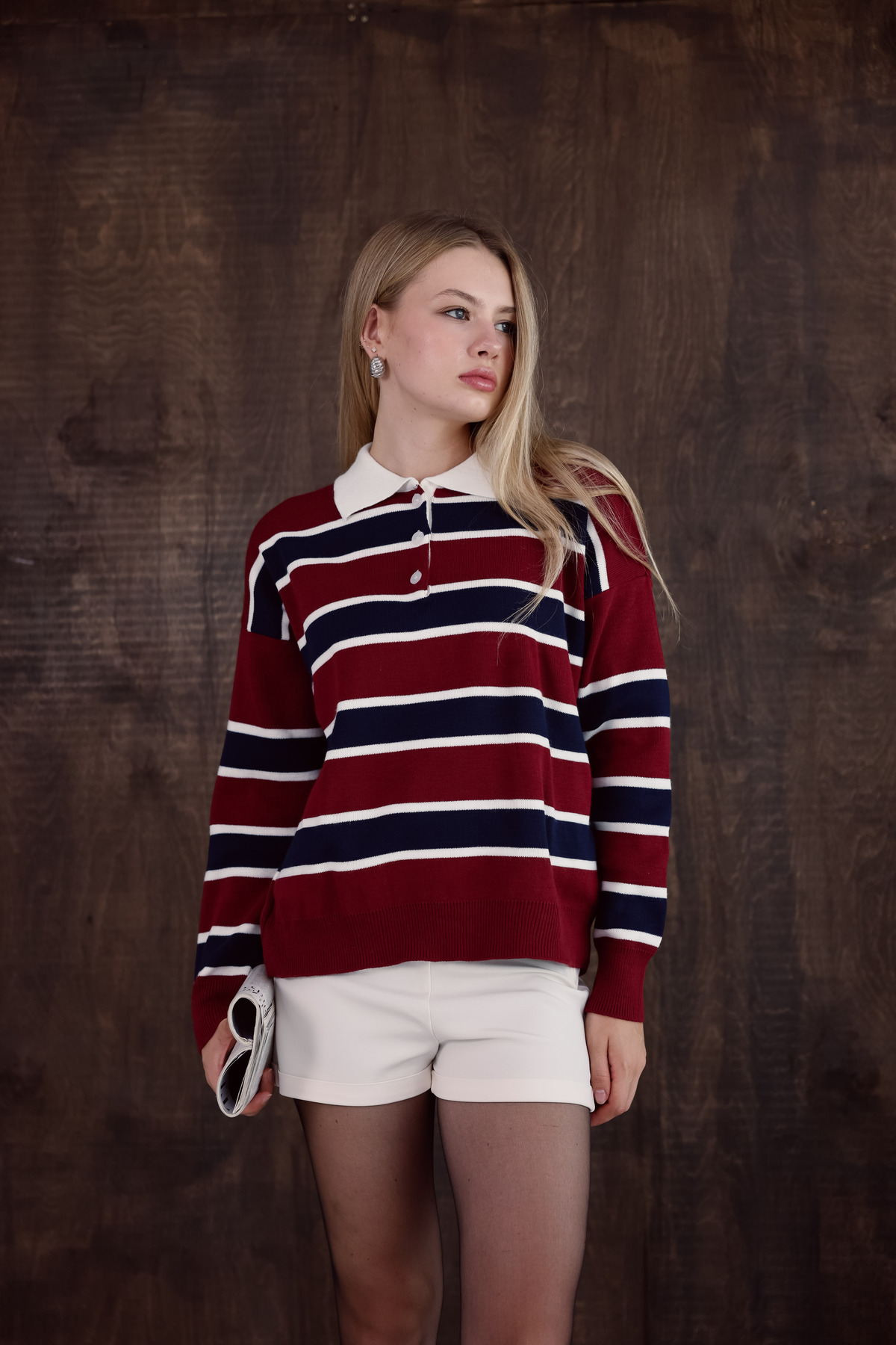 MODASPARK Bordo Çizgili Polo Yaka Düğmeli Kadın Triko Kazak görsel 3