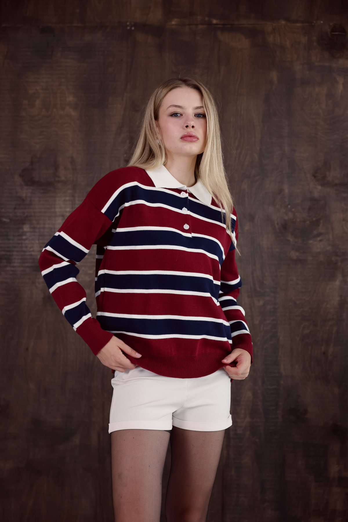 MODASPARK Bordo Çizgili Polo Yaka Düğmeli Kadın Triko Kazak görsel 2
