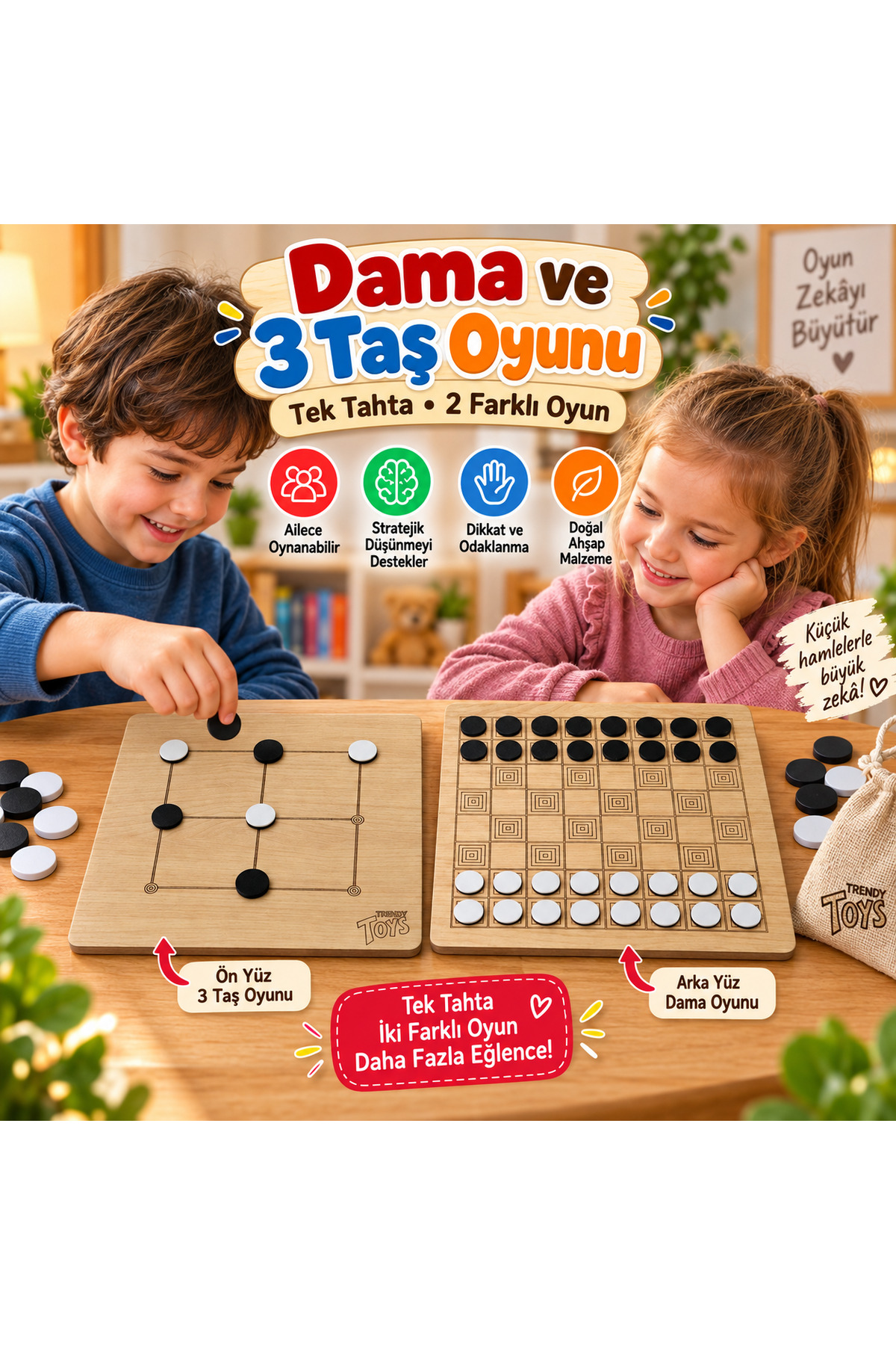 Trendy Toys Ahşap Dama Ve 3 Taş Oyunu