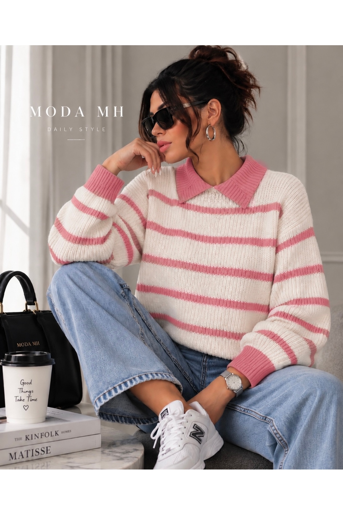 moda mh KADIN SELANİK ÖRGÜ POLO YAKALI ÇİZGİLİ OVERSİZE TARZ KAZAK