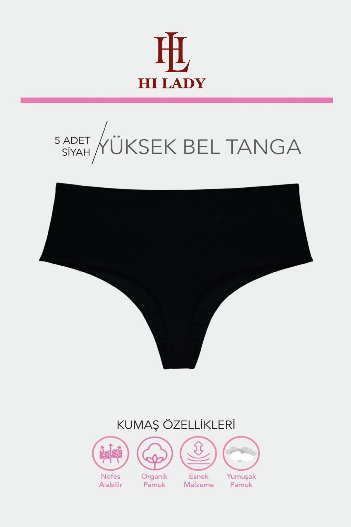 Hilady Kadın Tanga, Yüksek Bel Tanga 5'li Paket Siyah String Tanga Külot Pamuklu Kumaş görsel 3