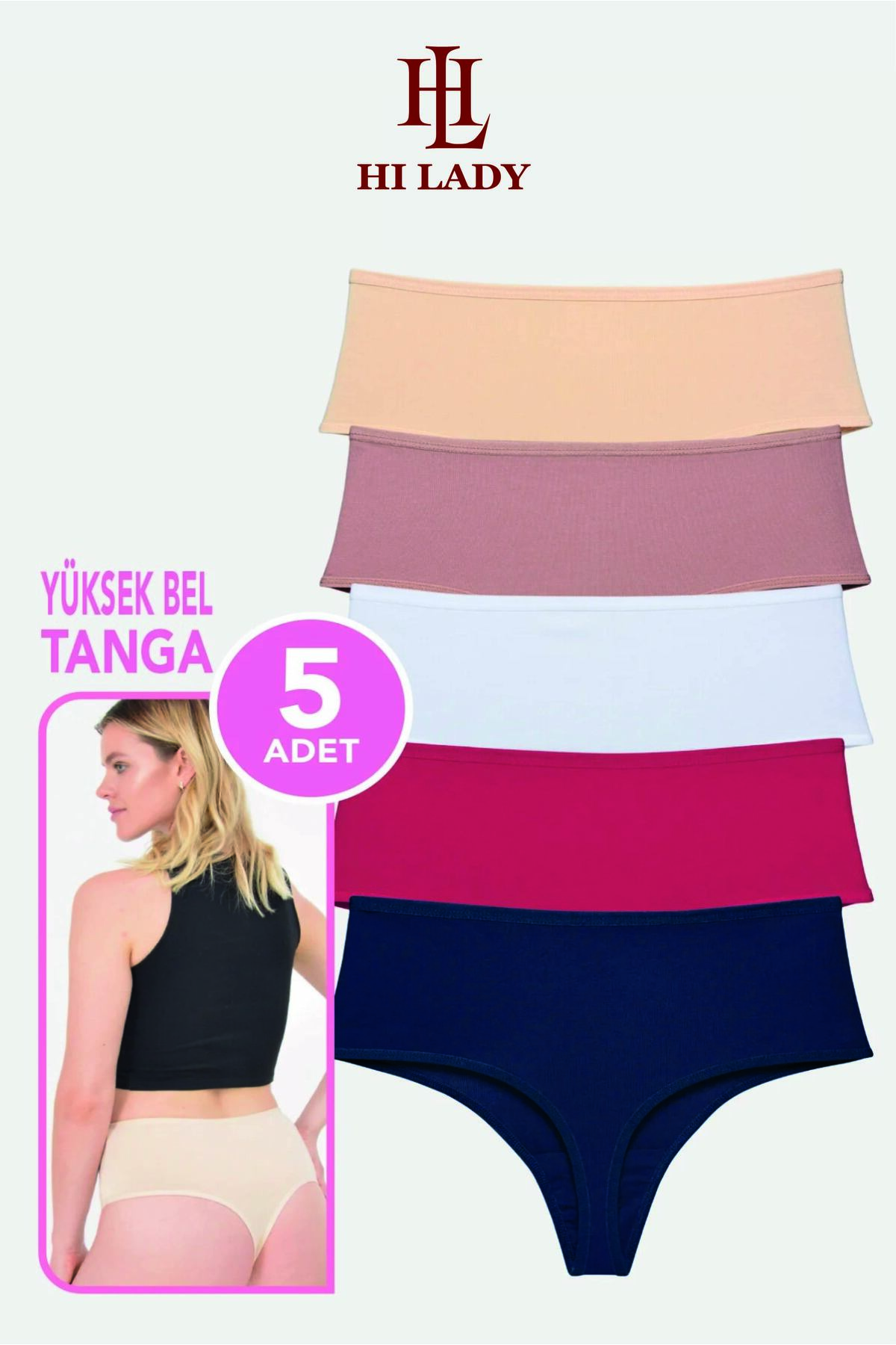 Hilady Kadın Tanga, Yüksek Bel Tanga 5'li Paket, String Tanga Külot, Pamuklu Kumaş görsel 5