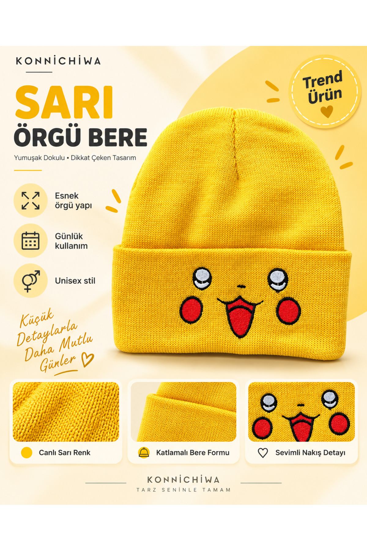 FG KONNİCHİWA Pikachu POKEMON NAKIŞLI LOGOLU BERE ANIME MANGA görsel 2