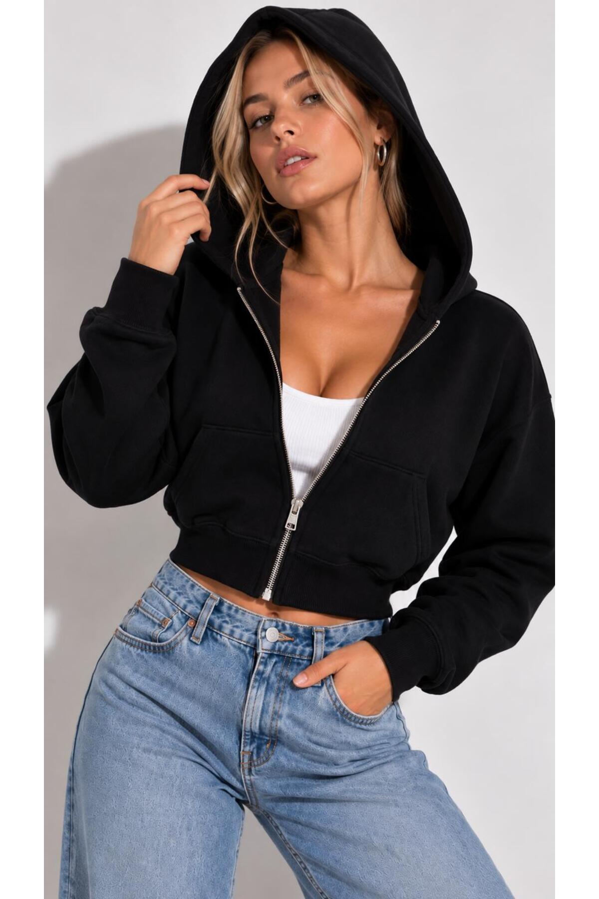 Lizbon Style Kadın Rahat Kalıp 3 Iplik Kapüşonlu Silver Fermuarlı Crop Sweatshirt - Siyah