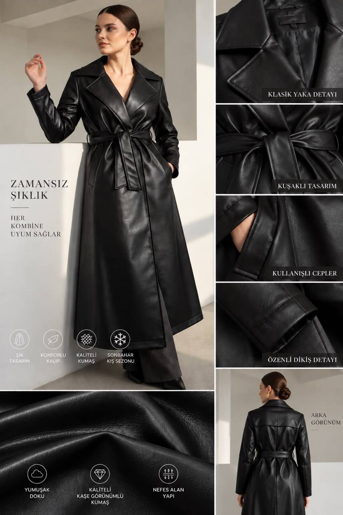 Moda Banuş Siyah Deri Kuşaklı Uzun Trençkot