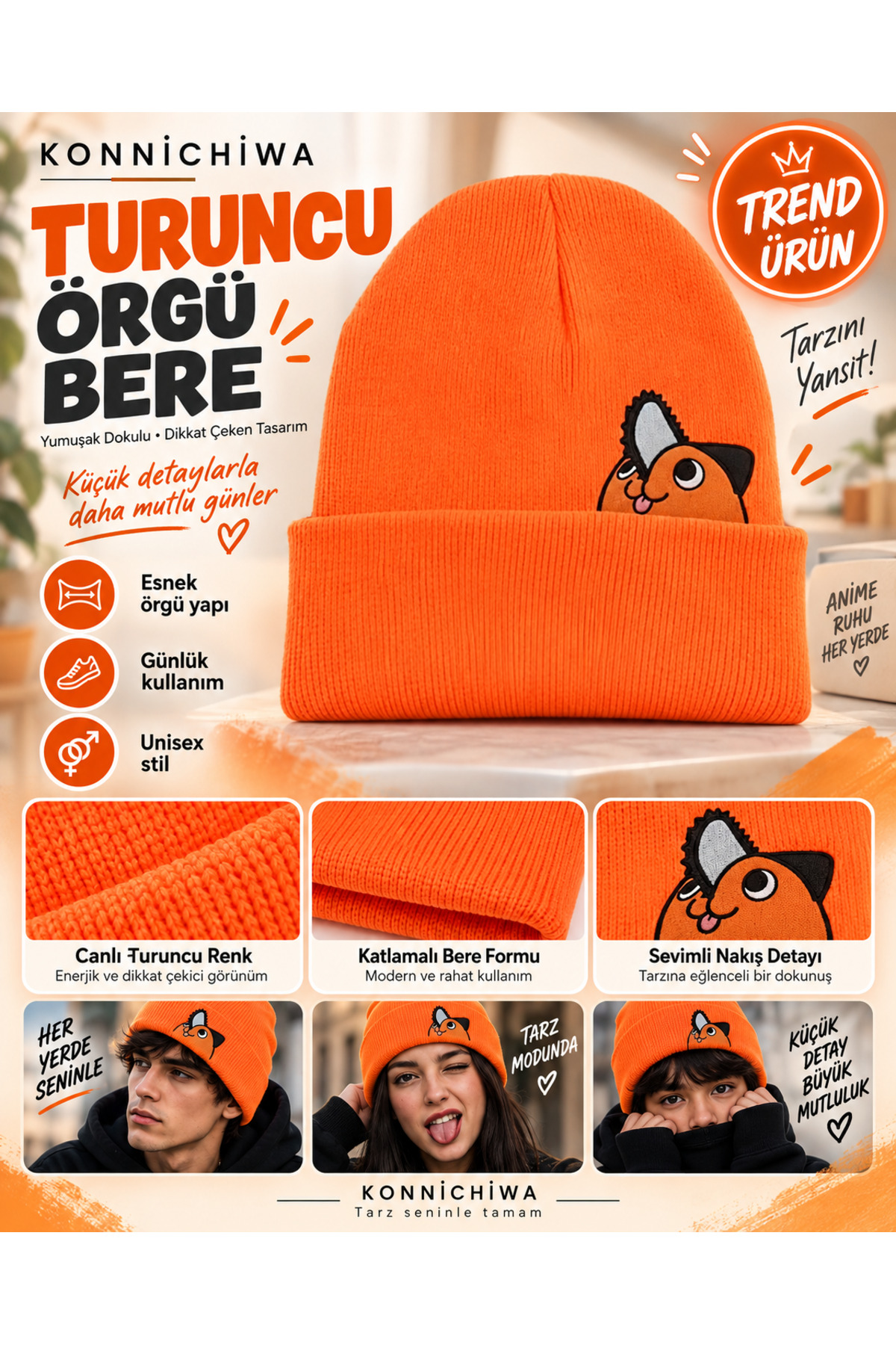 FG KONNİCHİWA Chainsaw Man Pochita LOGOLU KIŞLIK BERE GÜNLÜK TREND MODA FASİON