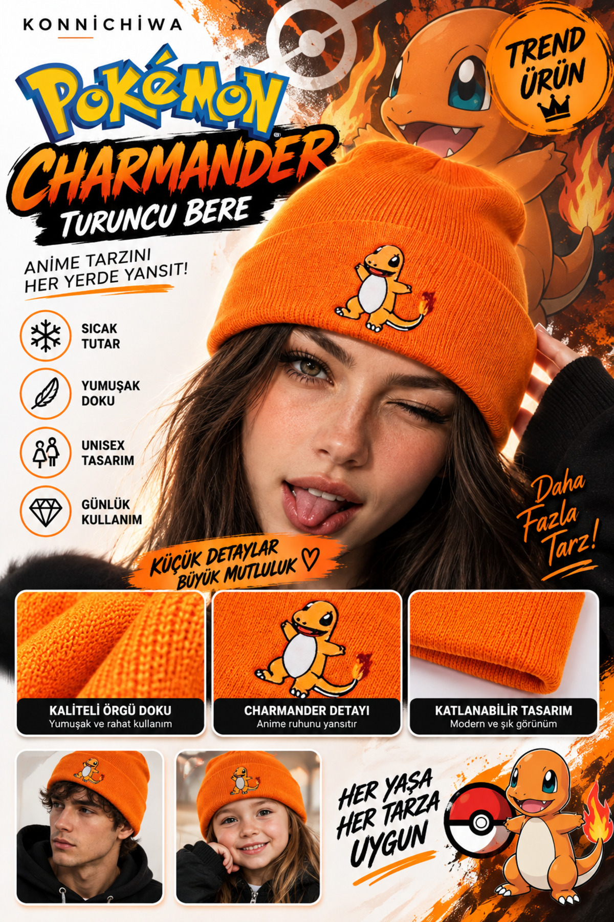 FG KONNİCHİWA KONNİCHİWA Pokémon Charmander Turuncu Örgü Bere, Nakışlı Unisex Anime Bere