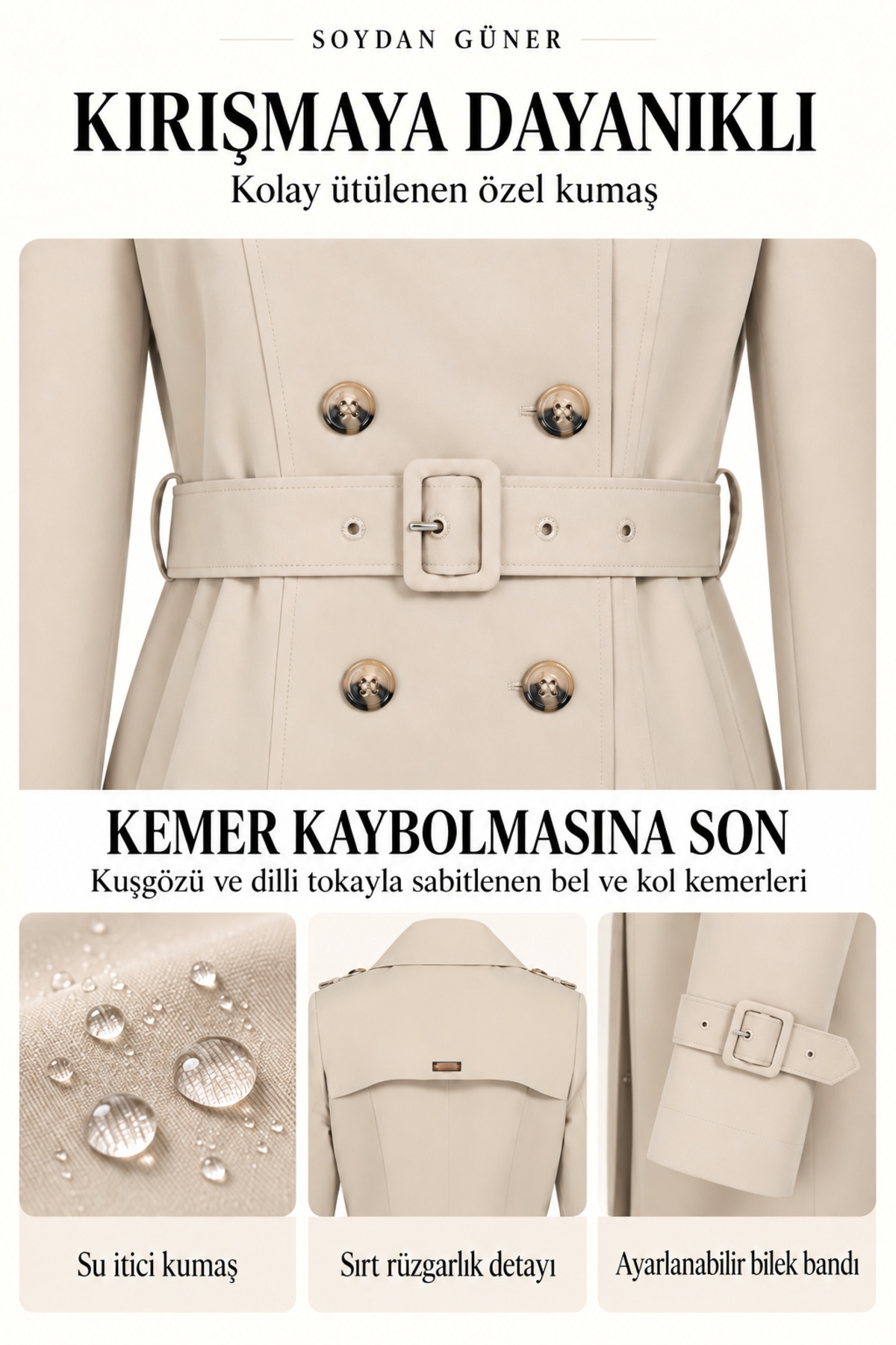 Soydan Güner Su Itici Özellikli, Kırışmaz Kumaş, Ara Boy, Astarlı, Kadın Trençkot, Açık Bej 5777 görsel 3