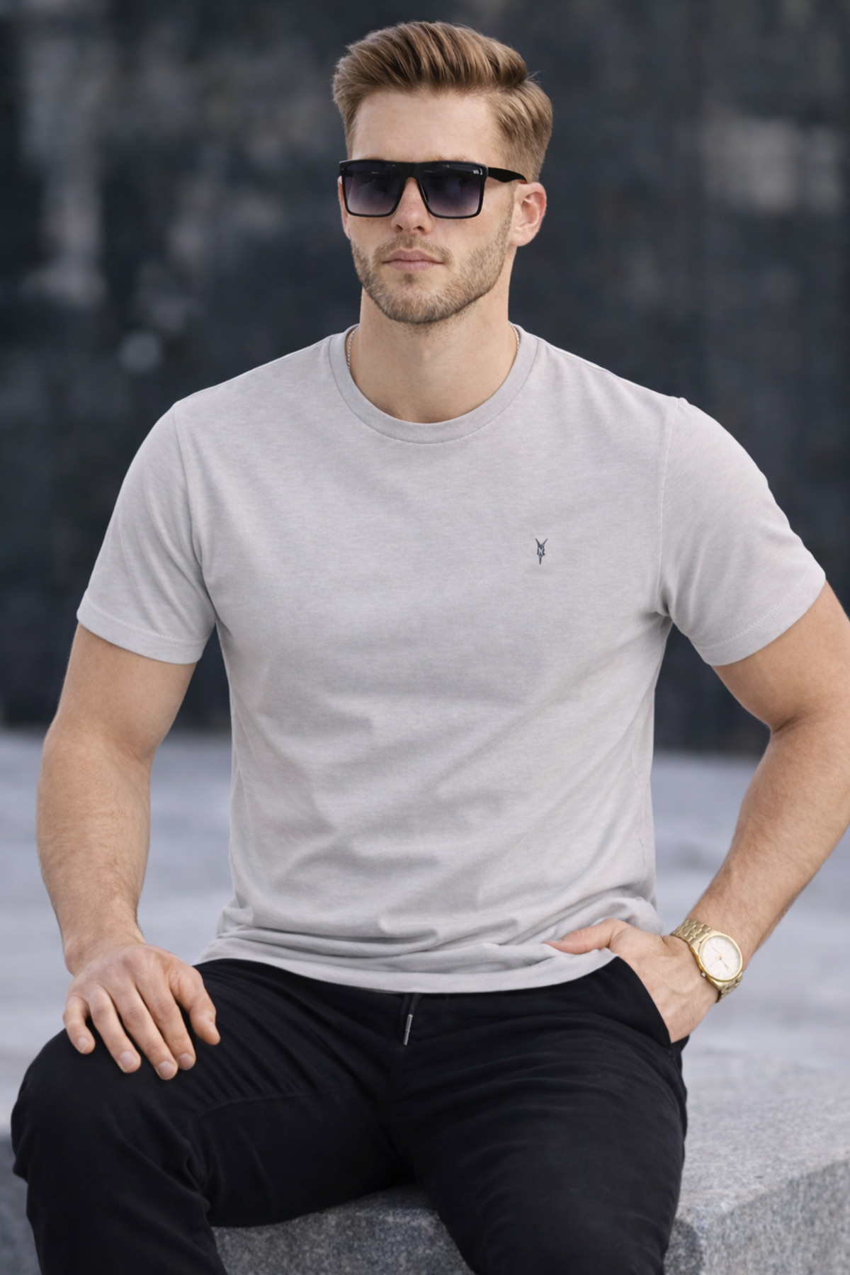 COMBİNE MİCHAİL Erkek Bisiklet Yaka Slim Basic Gri Tişört görsel 4