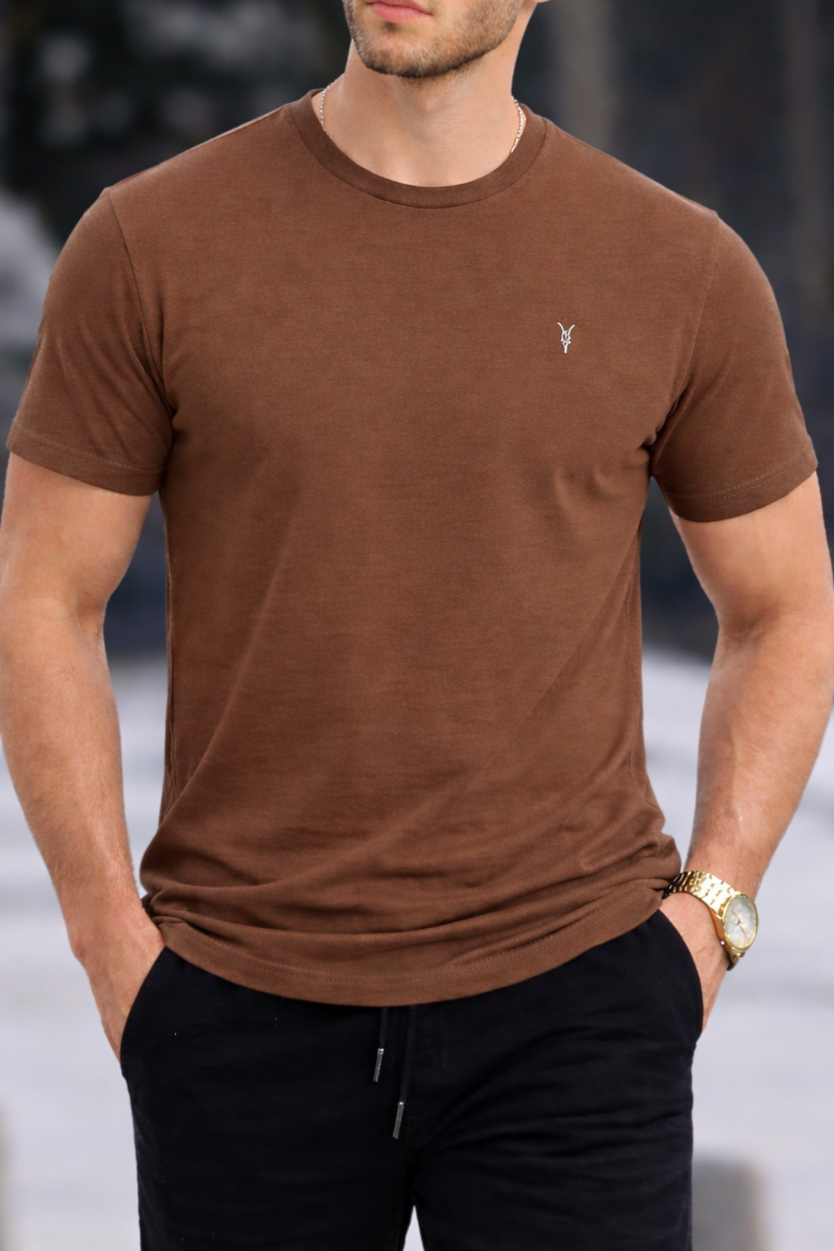 COMBİNE MİCHAİL Erkek Bisiklet Yaka Slim Basic Kahve Tişört görsel 3