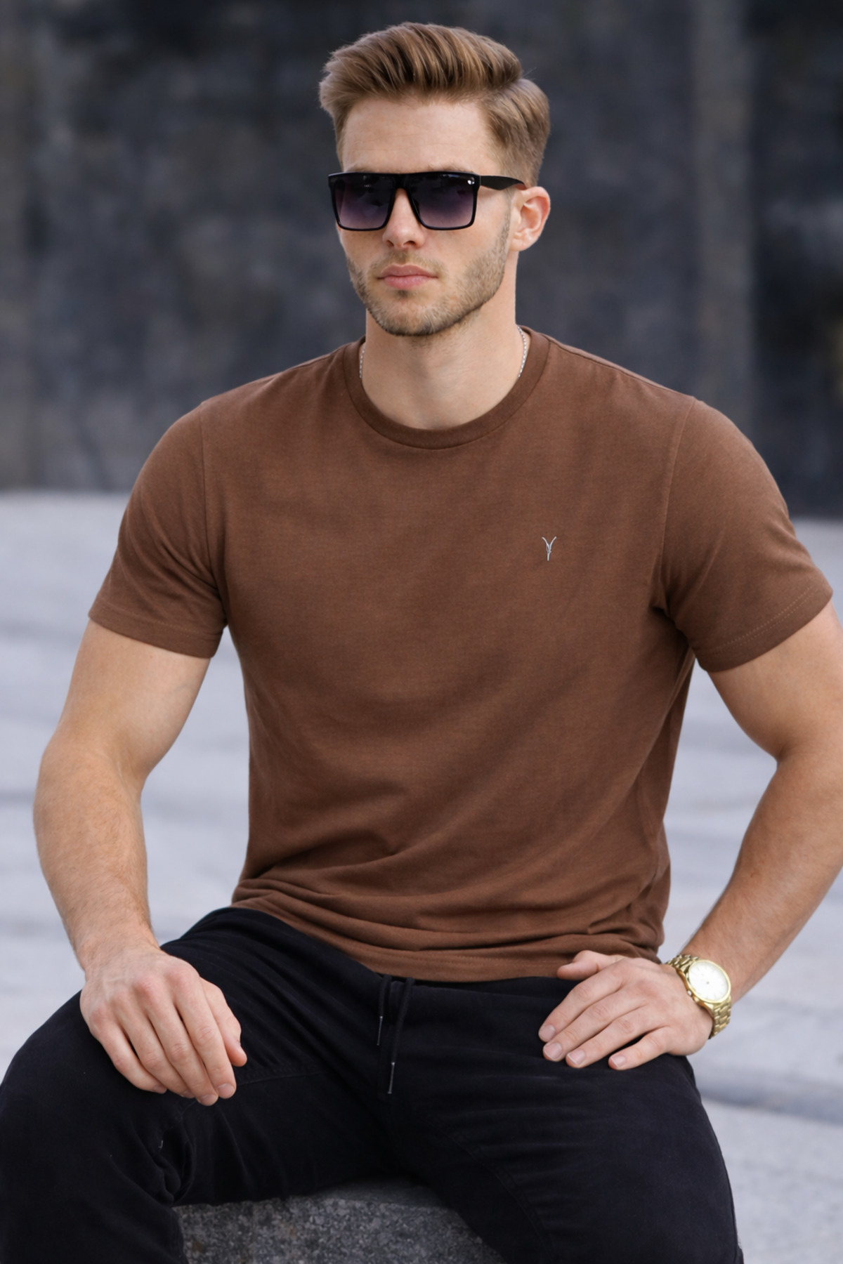 COMBİNE MİCHAİL Erkek Bisiklet Yaka Slim Basic Kahve Tişört görsel 4