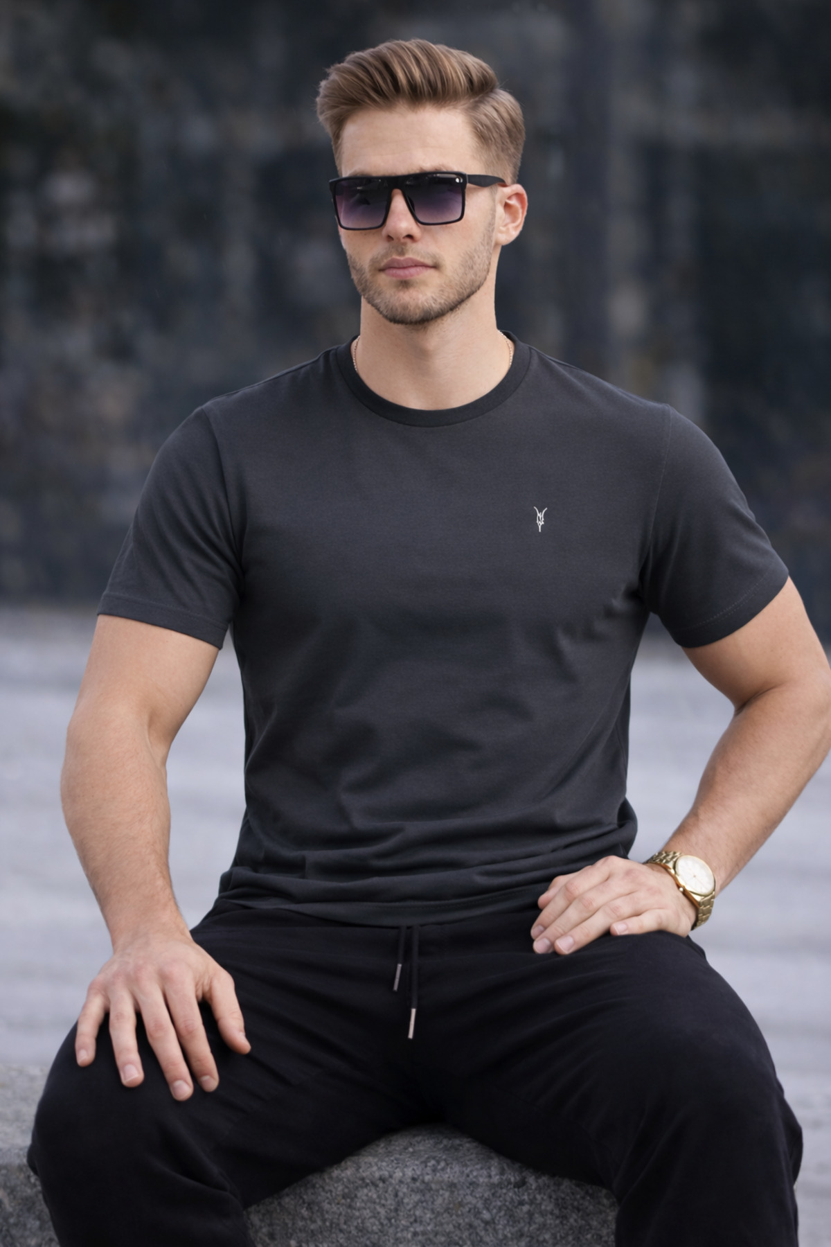 COMBİNE MİCHAİL Erkek Bisiklet Yaka Slim Basic Füme Tişört görsel 4
