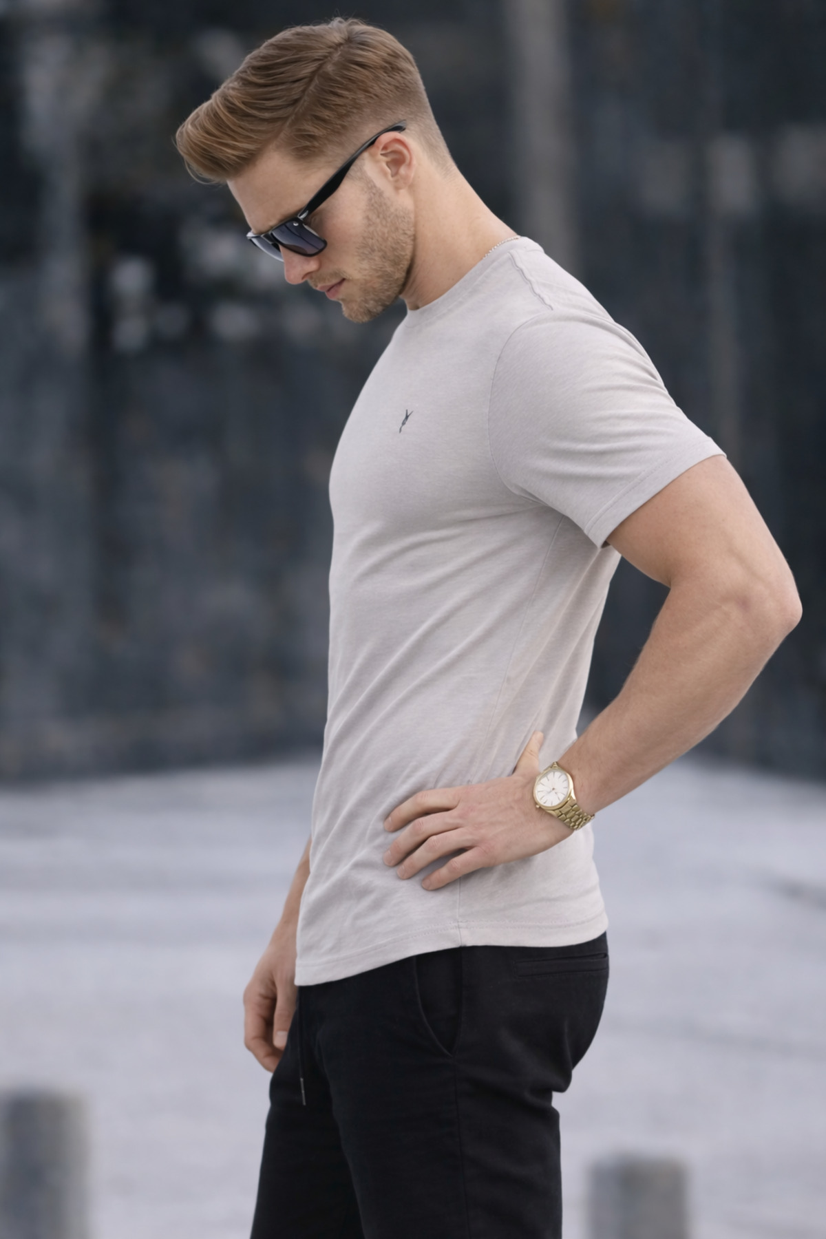 COMBİNE MİCHAİL Erkek Bisiklet Yaka Slim Basic Gri Tişört görsel 5