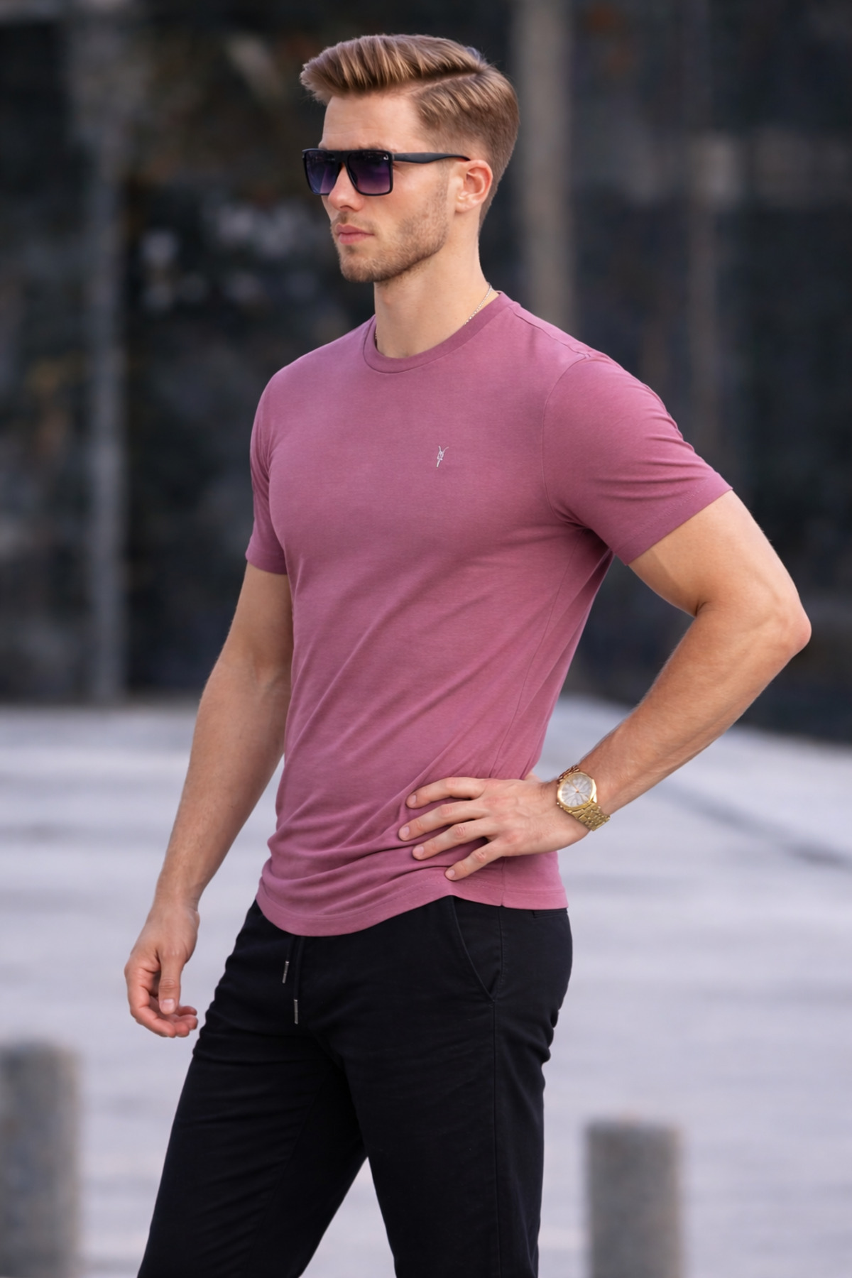 COMBİNE MİCHAİL Erkek Bisiklet Yaka Slim Basic Pembe Tişört görsel 5