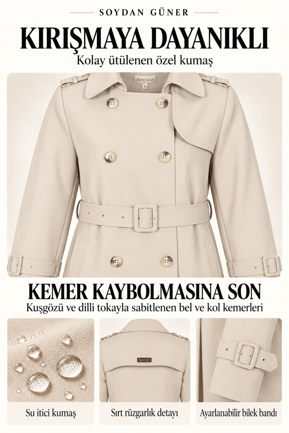 Soydan Güner Su Itici Özellikli Kırışmaz Kumaş Trençkot A.Bej 5840 görsel 3