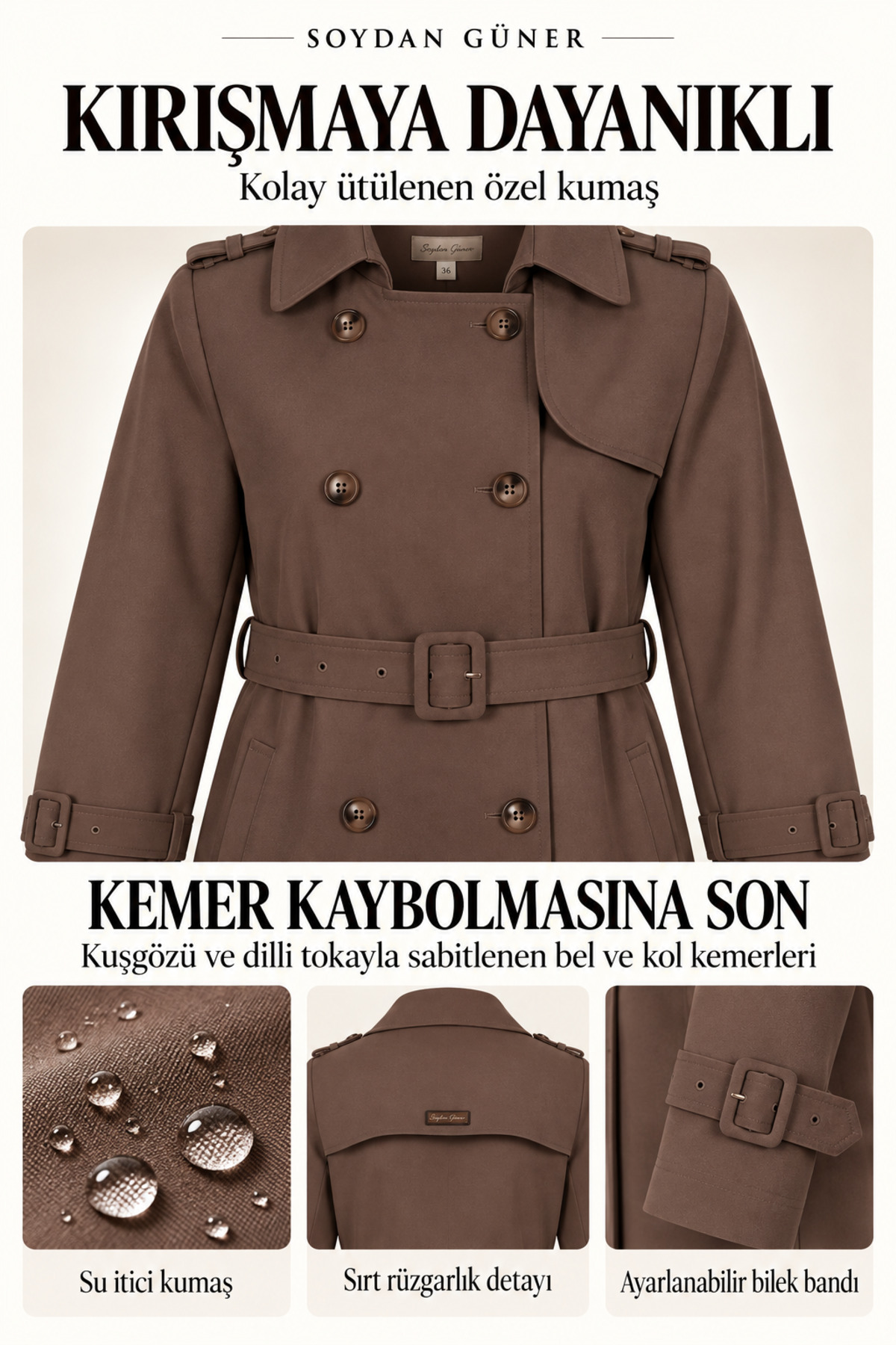 Soydan Güner Su Itici Özellikli Kırışmaz Kumaş Trençkot Kahve 5840 görsel 3