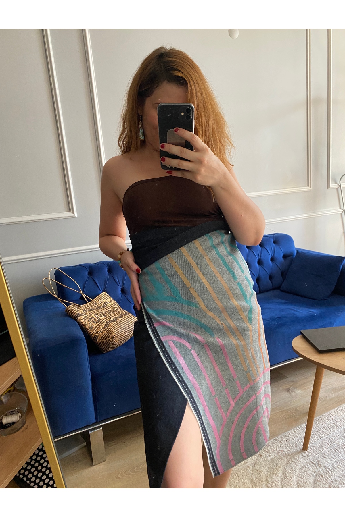 Özel Tasarım Art Deco Baskılı Asimetrik Midi Denim Sarong Stil Kot Etek · Görünüm 4