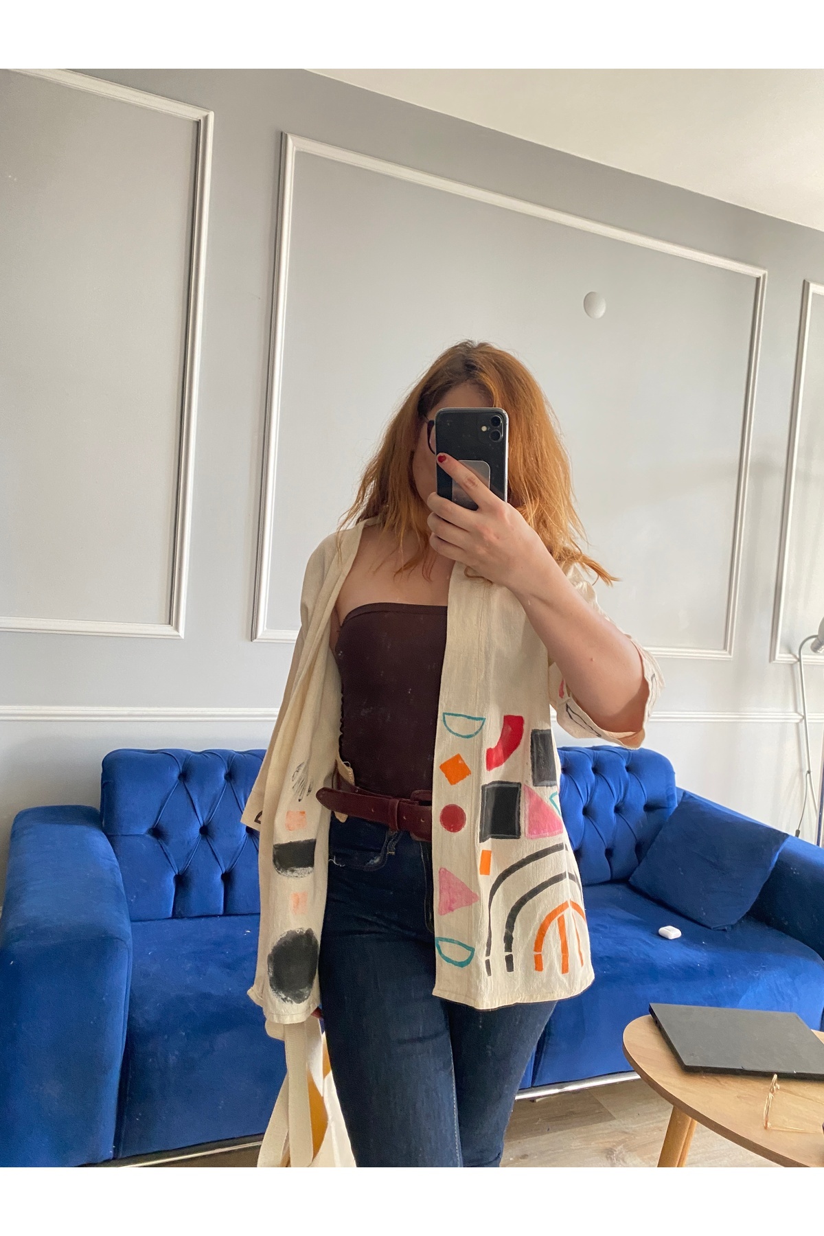 Art Deco Print Natural Linen Mini Kimono (Limited) — Red · View 5