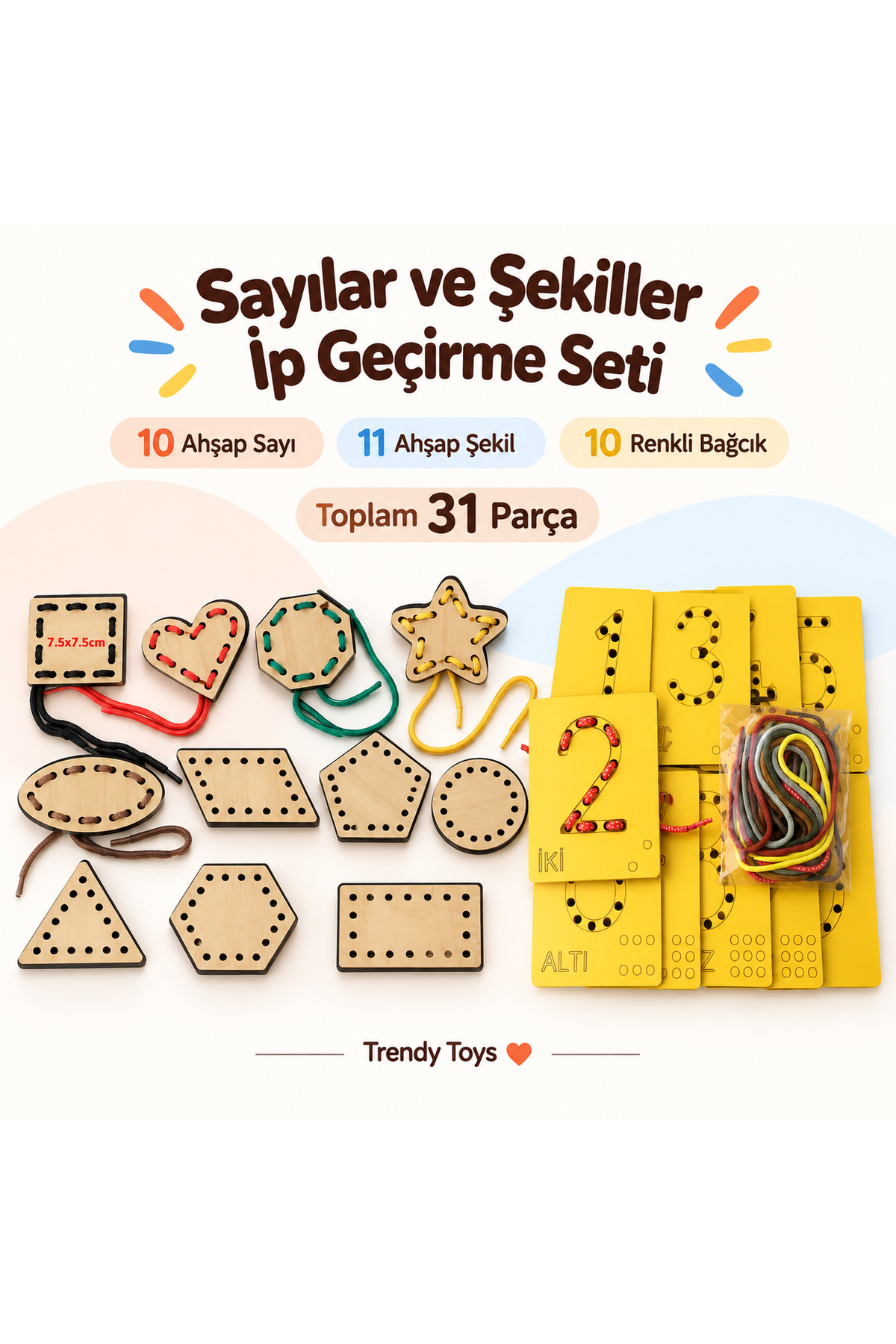 Trendy Toys Eğitici Ahşap Sayılar ve Şekiller Ip Geçirme El Kası Geliştirme