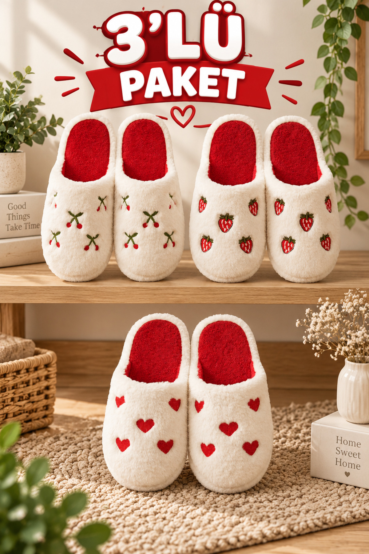 Moda Frato 3'lü Paket LOVELY Kapalı Kadın Terlik Ev Terliği Ses Yapmayan Taban Yumuşak Rahat Terlik