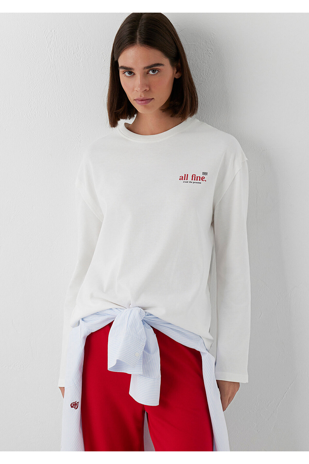 Mavi Baskılı Ekru Tişört Loose Fit / Bol Rahat Kesim 1620042-70057 görsel 3