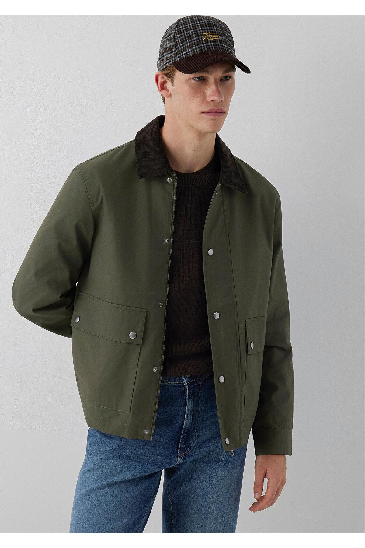 Mavi Kadife Yaka Haki Ceket Loose Fit / Bol Rahat Kesim 0110913-71545
