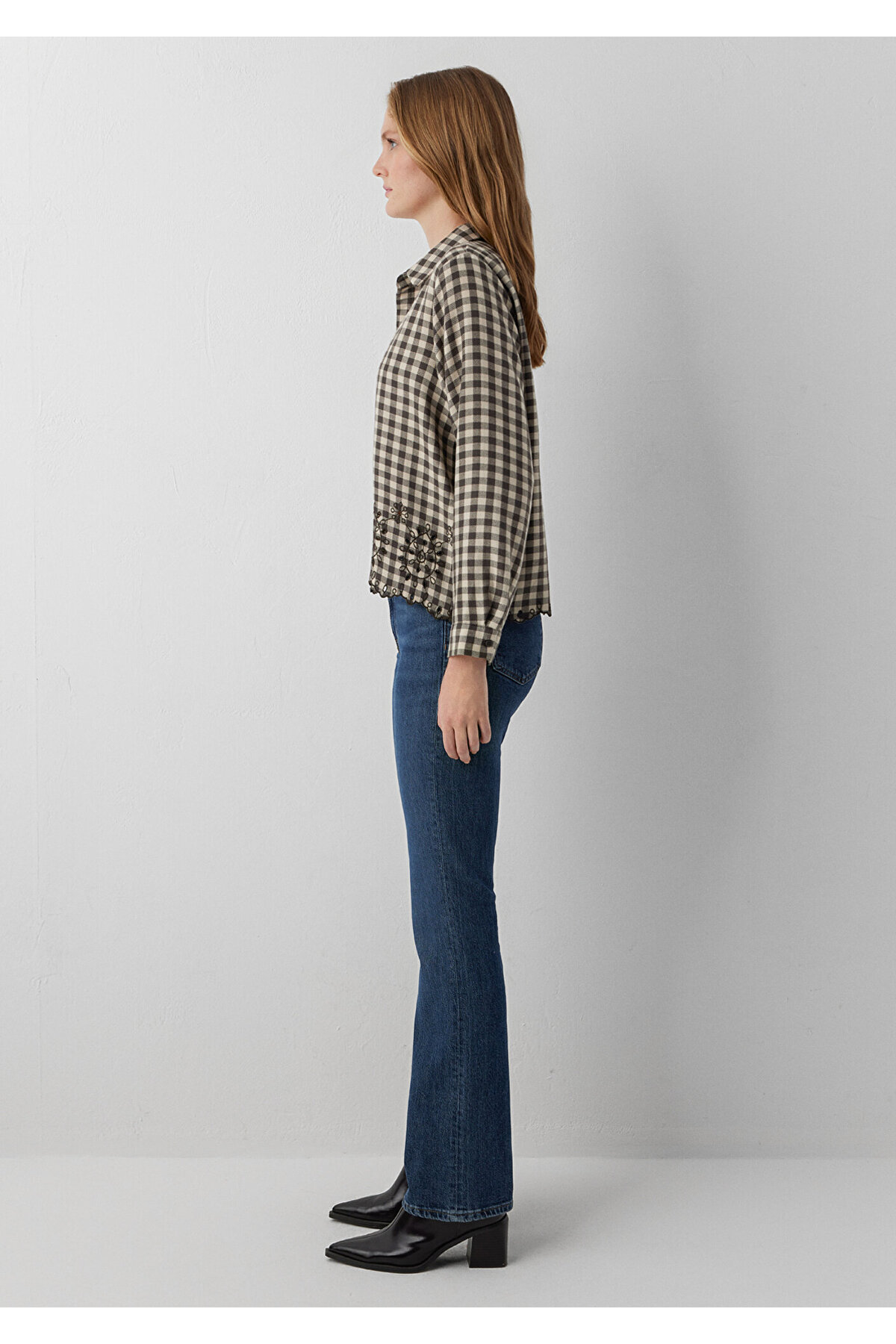 Mavi Nakış Detaylı Kareli Gömlek Loose Fit / Bol Rahat Kesim 1211298-91757 görsel 4