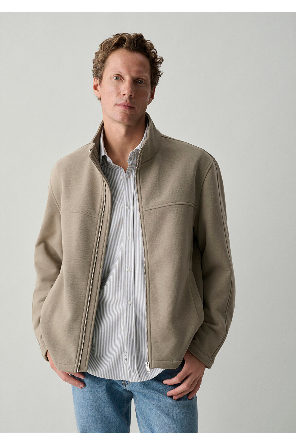 Mavi Dik Yaka Bej Ceket Loose Fit / Bol Rahat Kesim 0110955-80062 görsel 2