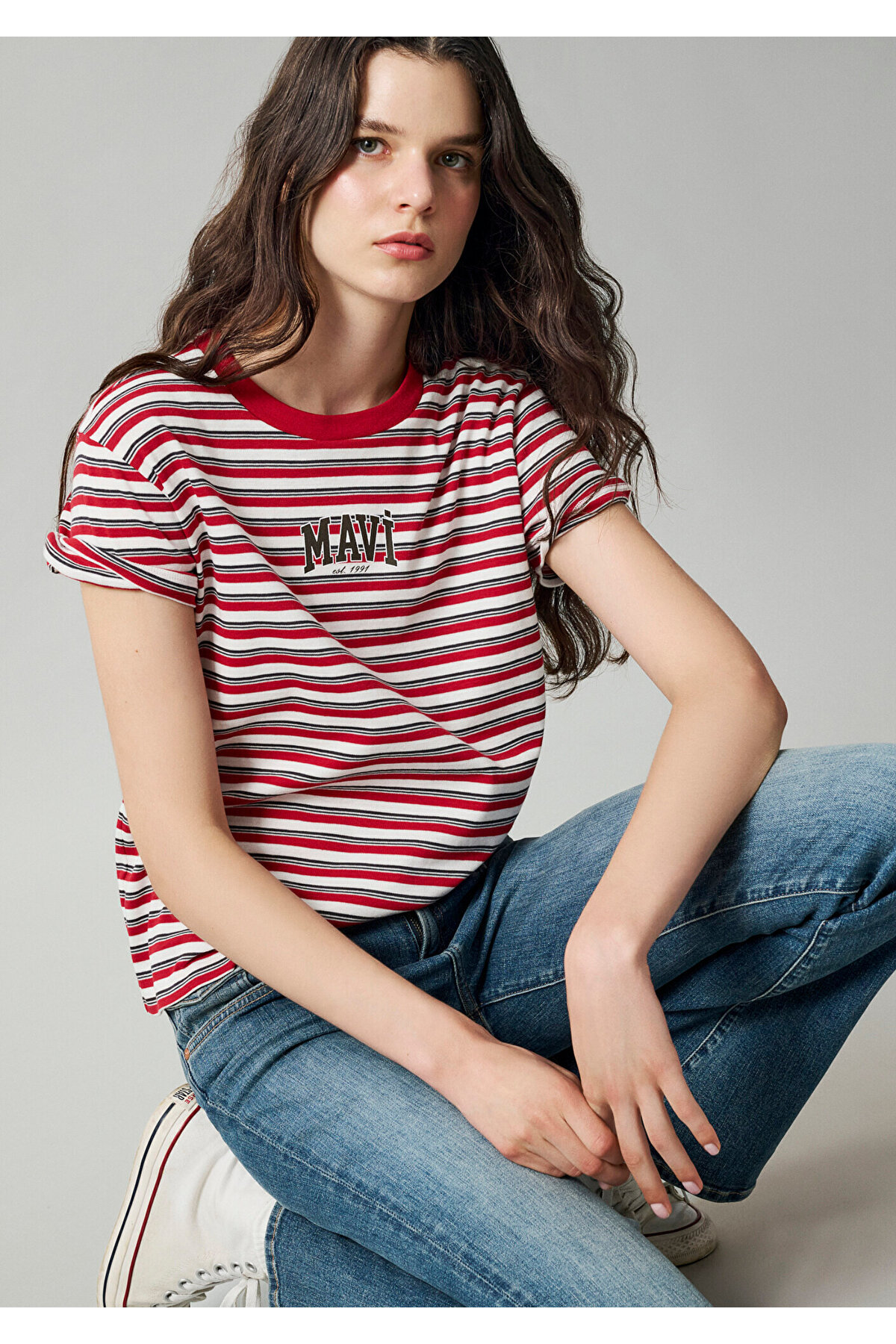 Mavi Logo Baskılı Çizgili Kırmızı Tişört Regular Fit / Normal Kesim 1614397-91112 görsel 4