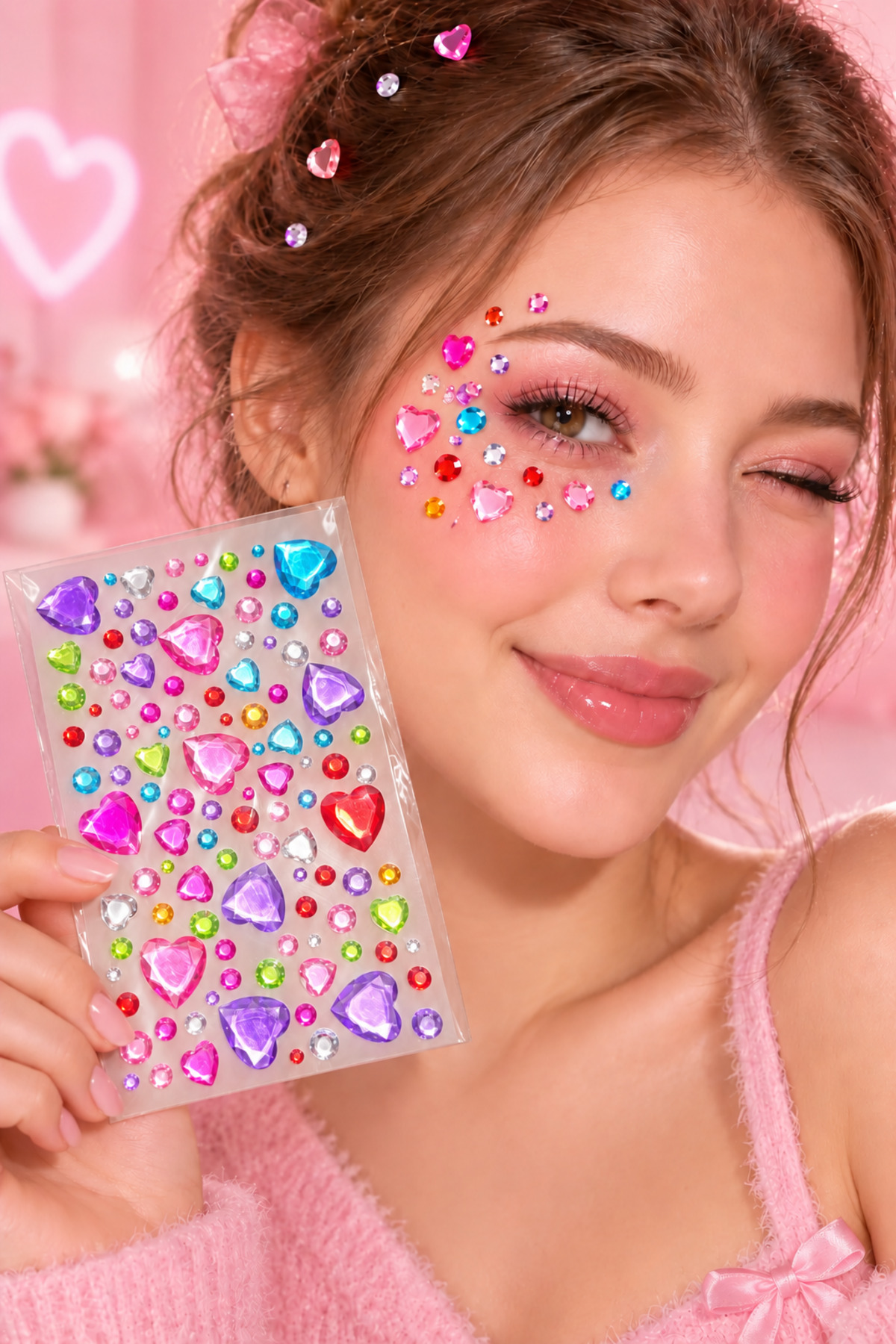 PRVT Rhinestone Kalp Figürlü Yapışkanlı Taş Sticker Saç, Yüz, Tırnak Ve Süs Taşı Yılbaşı Dekor