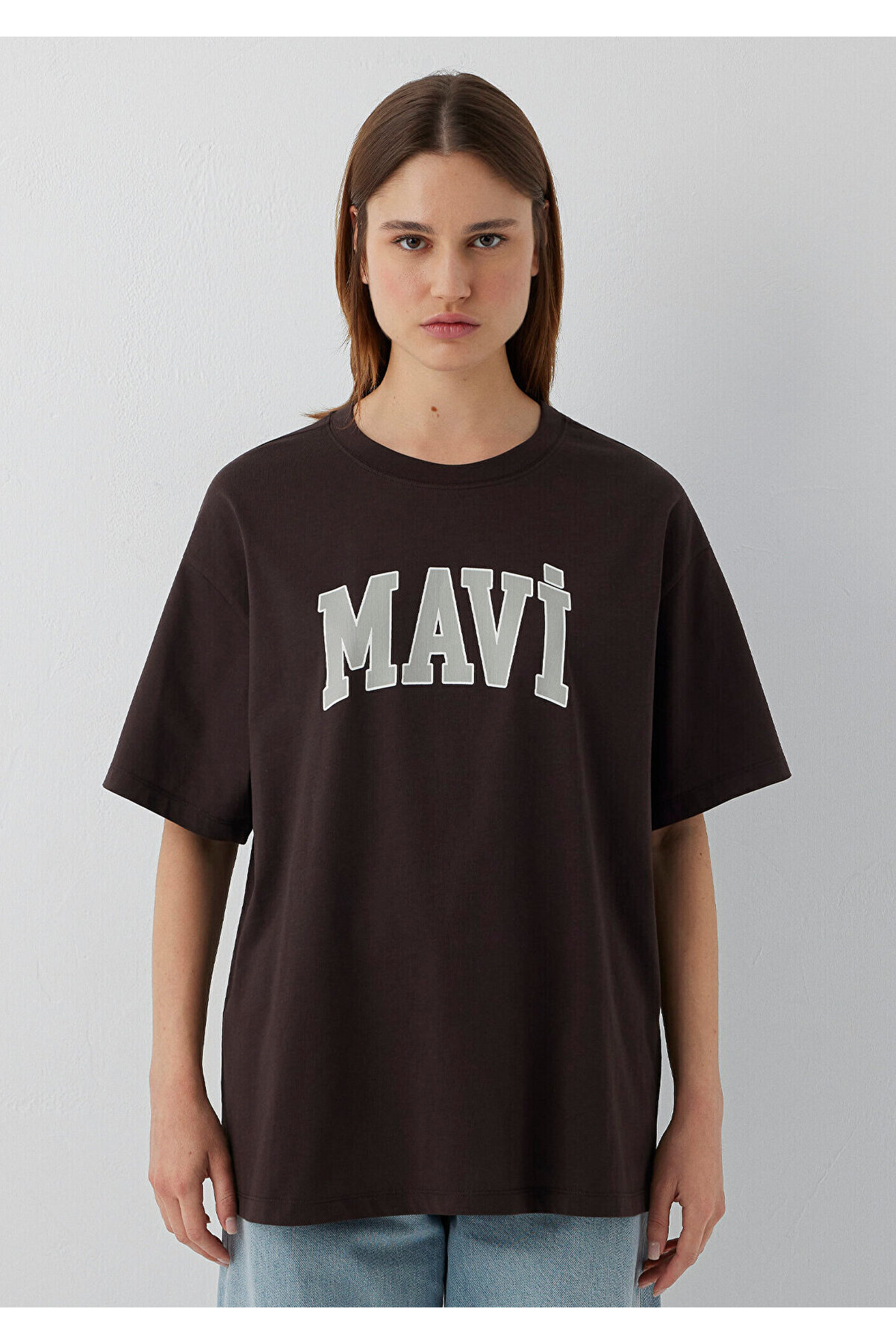 Mavi Logo Baskılı Kahverengi Tişört Oversize / Geniş Kesim 1600843-70240 görsel 4