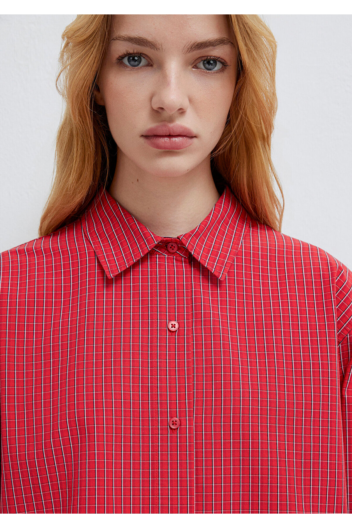 Mavi Ekose Kırmızı Crop Gömlek Loose Fit / Bol Rahat Kesim 1211401-83904 görsel 5