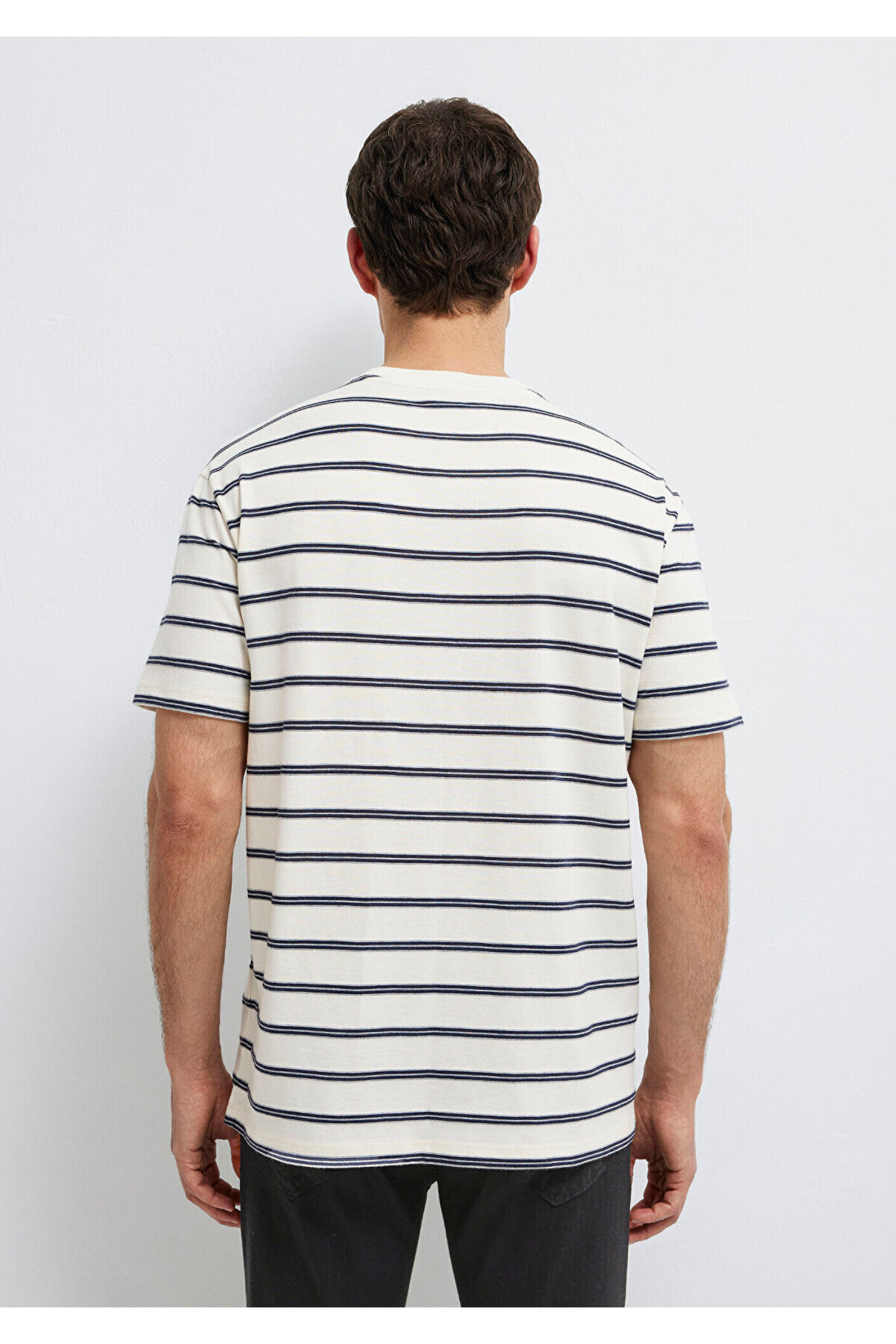 Mavi Çizgili Ekru Tişört Loose Fit / Bol Rahat Kesim 0613138-70057 görsel 6