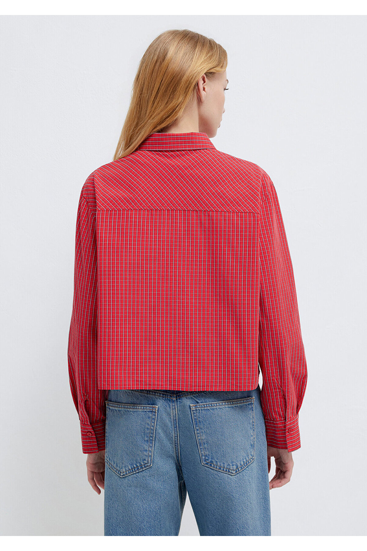 Mavi Ekose Kırmızı Crop Gömlek Loose Fit / Bol Rahat Kesim 1211401-83904 görsel 4
