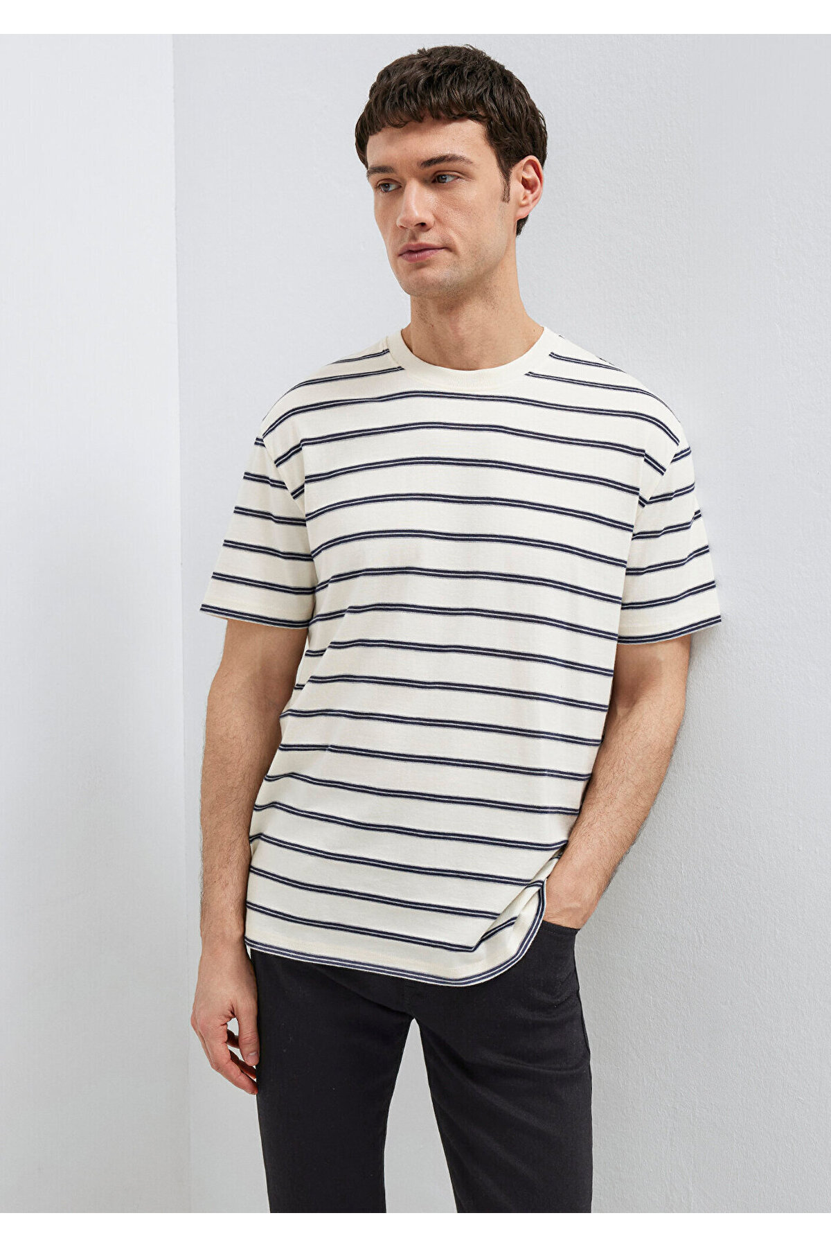Mavi Çizgili Ekru Tişört Loose Fit / Bol Rahat Kesim 0613138-70057 görsel 2