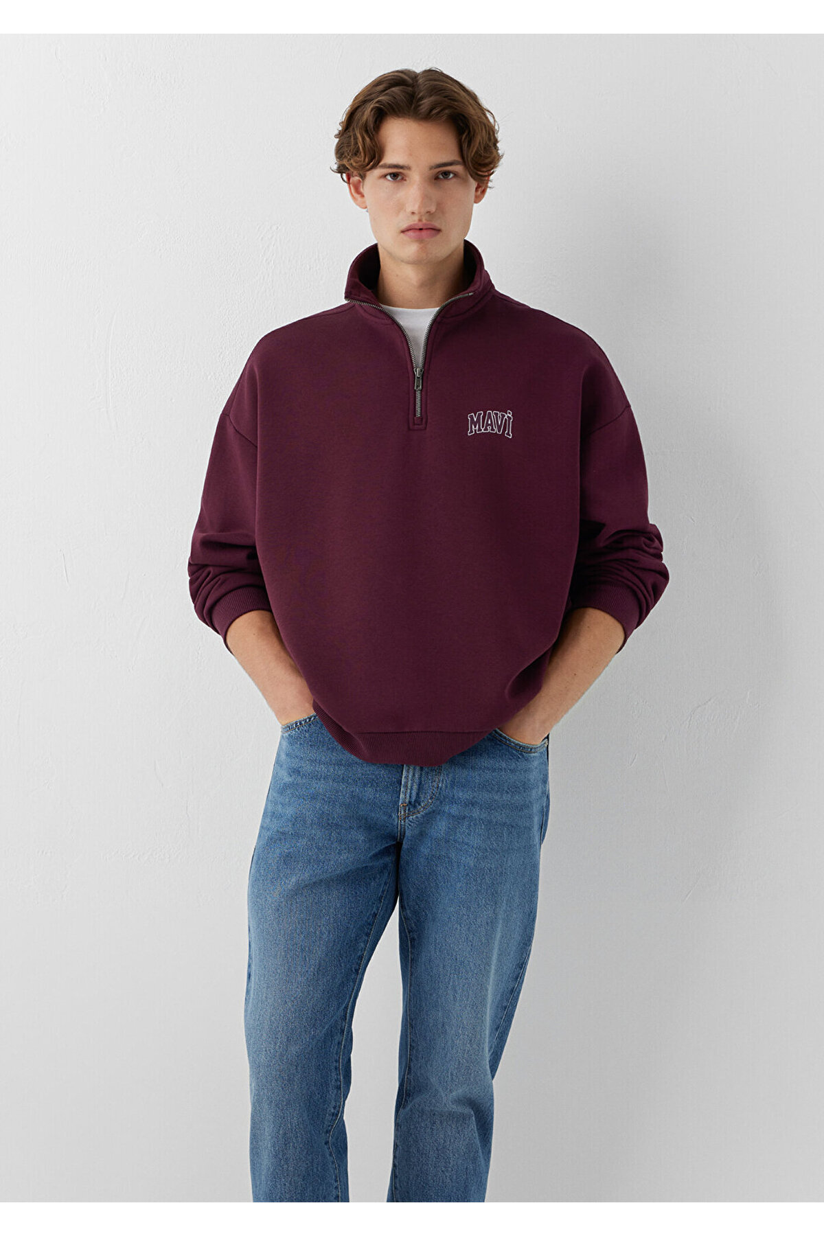 Mavi M0S10208 Logo Baskılı Yarı Fermuarlı Erkek Sweatshirt BORDO görsel 2