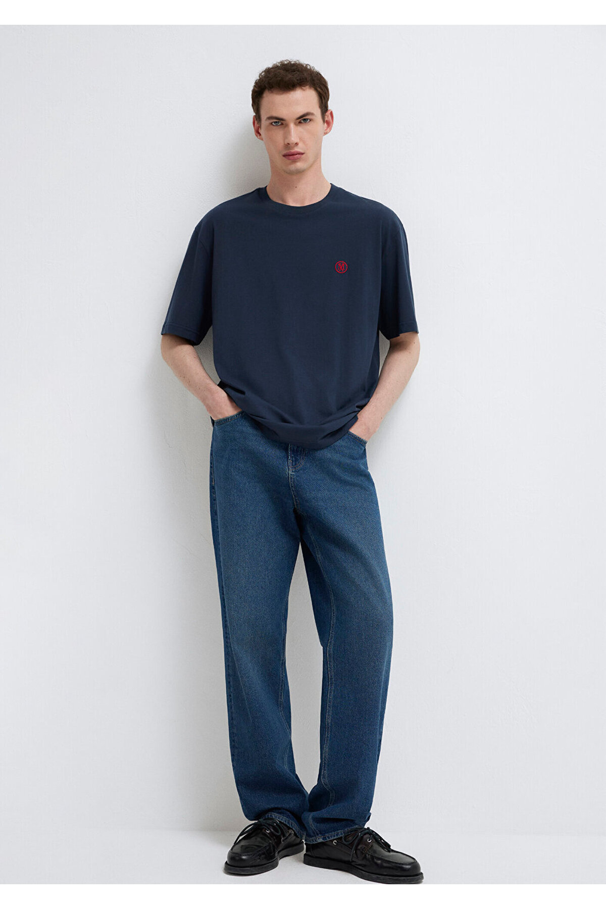 Mavi 2li Mühür Logo İşlemeli Erkek Basic Tişört Loose Fit / Bol Rahat Kesim 0612545-620 görsel 5
