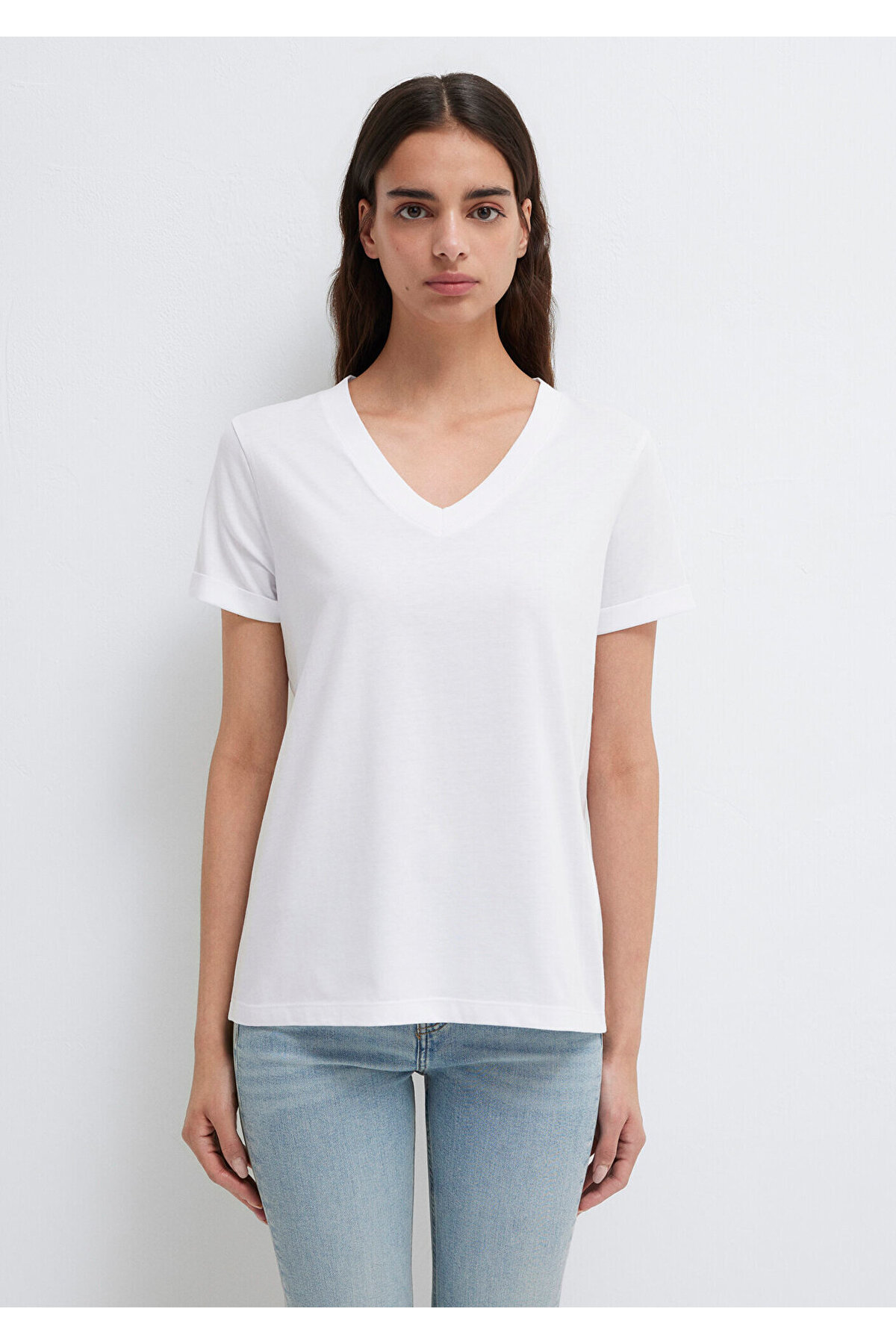 Mavi V Yaka Beyaz Basic Tişört Regular Fit / Normal Kesim 166248-620 görsel 3