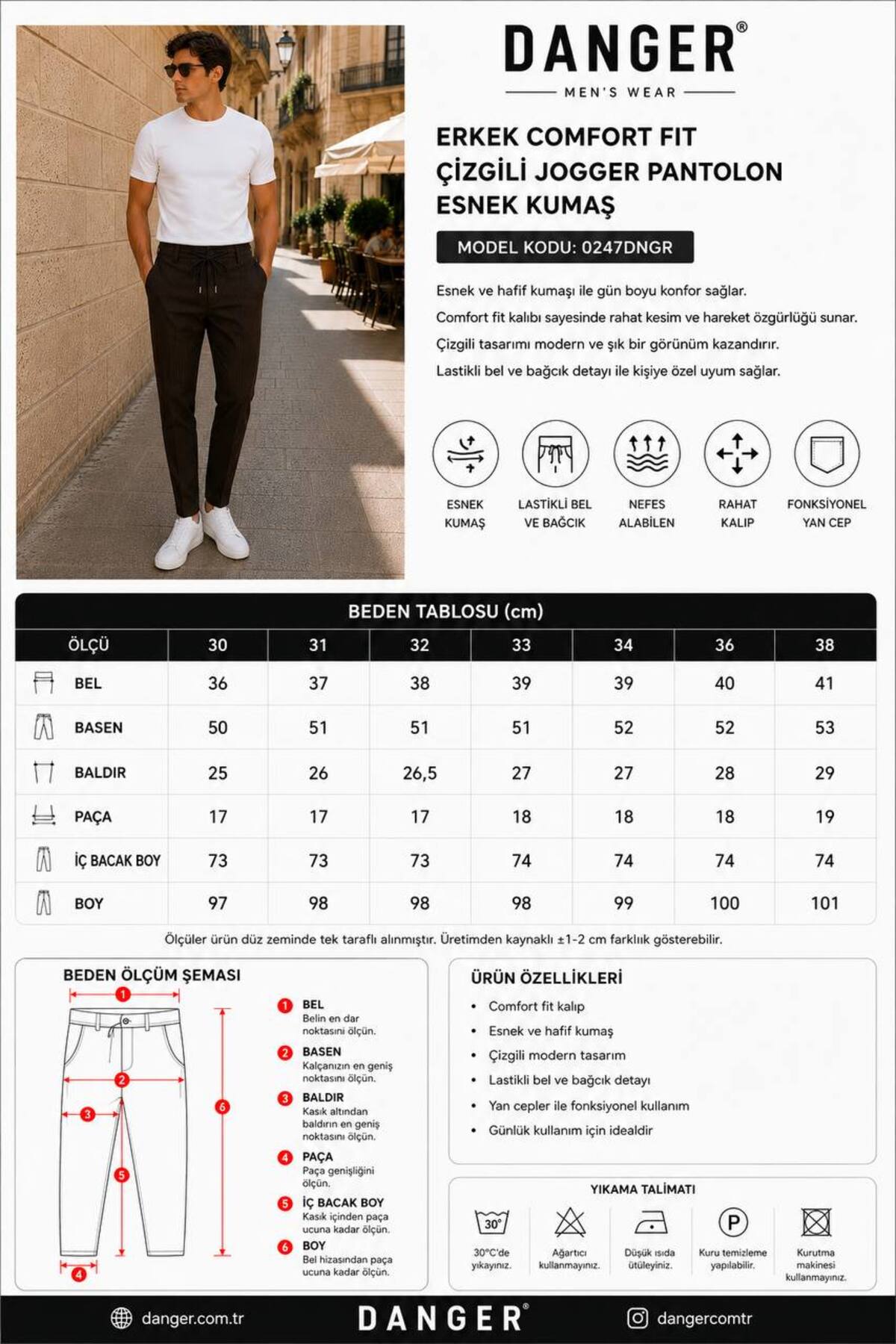 Erkek Comfort Fit Lacivert Çizgili Jogger Pantolon Esnek Kumaş 0247DNGR — سرمه‌ای — تصویر 6 از 8