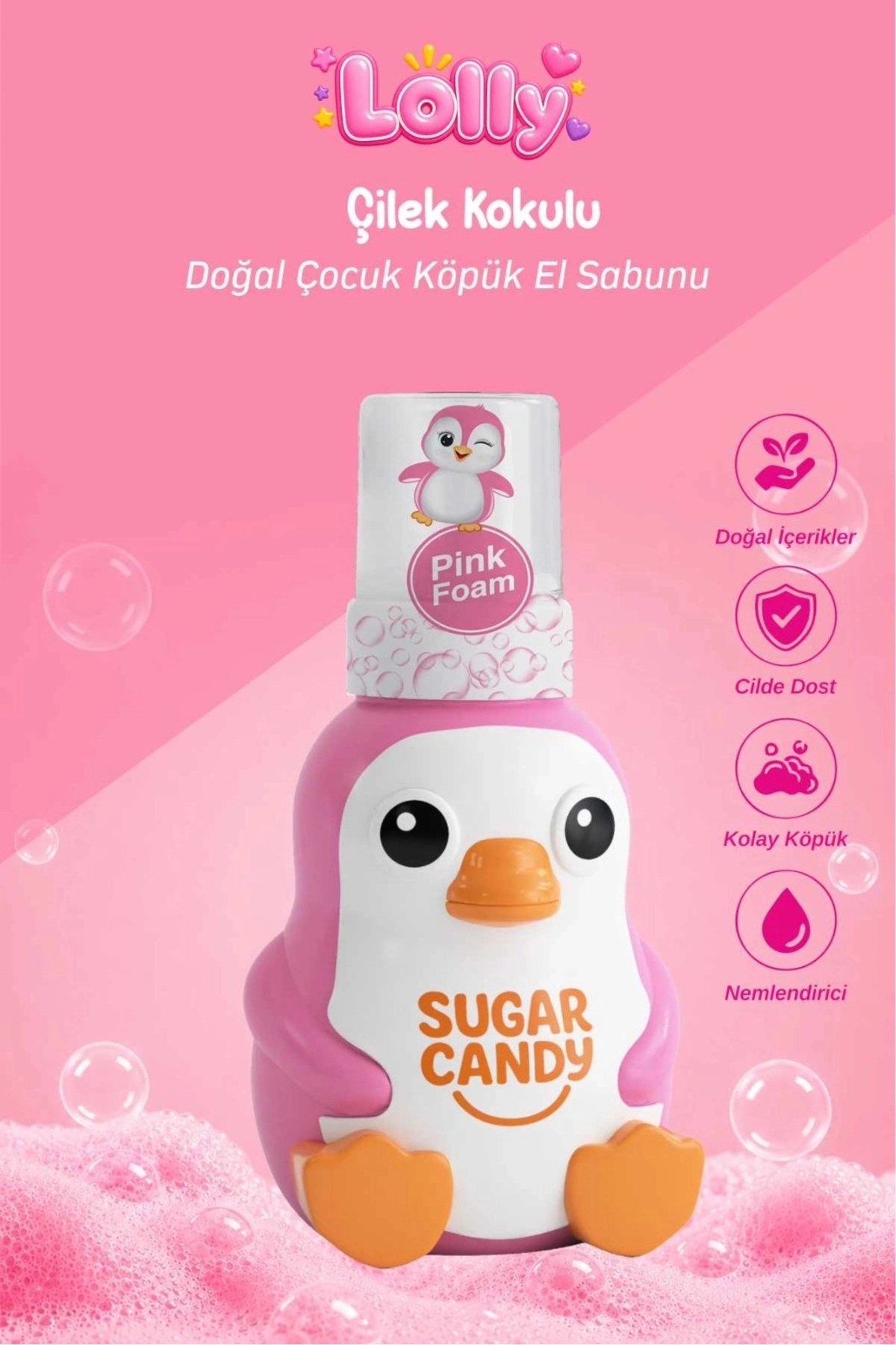 SUGAR CANDY Çilek Kokulu Doğal Vegan Çocuk Köpük El Sabunu LOLLY 350 ml Paraben İçermeyen Pembe Köpü