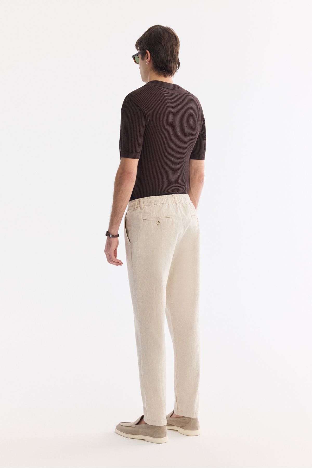 Avva Erkek Bej Beli Bağcıklı Keten Karışımlı Chino Relaxed Fit Pantolon B003036 görsel 3