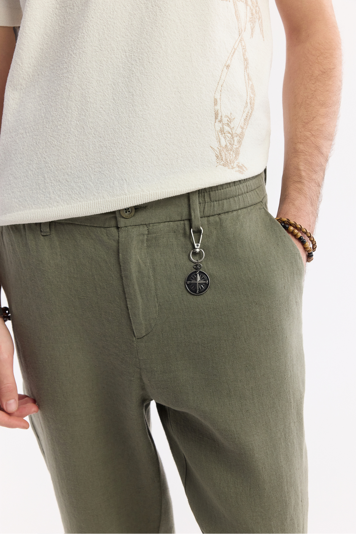 Avva Erkek Haki Beli Lastikli %100 Keten Relaxed Fit Pantolon B003032 görsel 4
