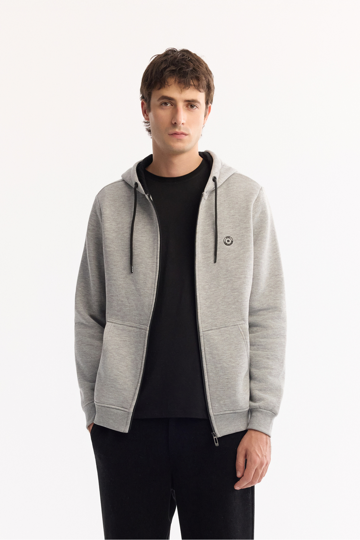 Avva Erkek Gri Kapüşonlu 3 İplik Şardonlu Fermuarlı Regular Fit Sweatshirt E001019