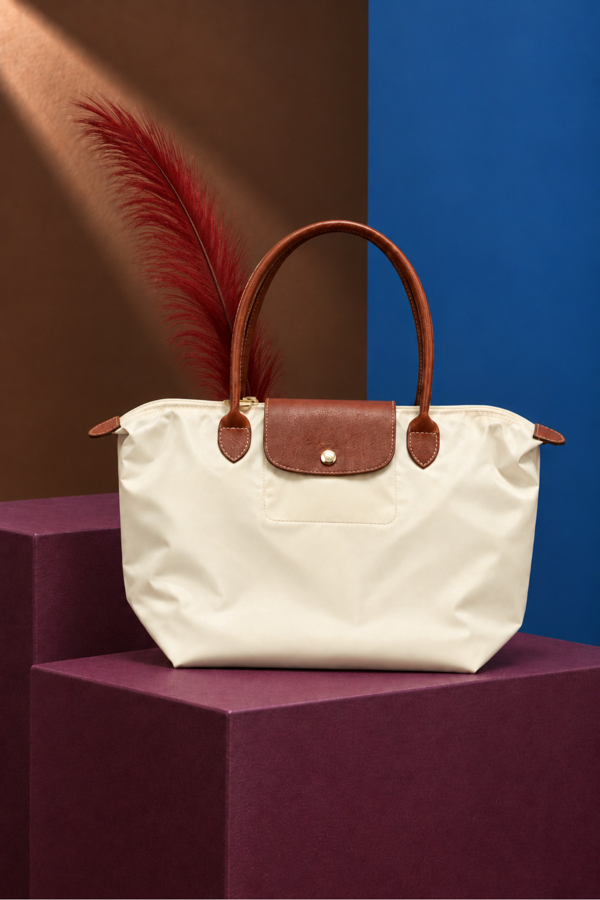 birizmoda Kadın Deri Saplı Katlanabilir Büyük Boy Shopper El ve Omuz Çantası - Krem-Taba görsel 2