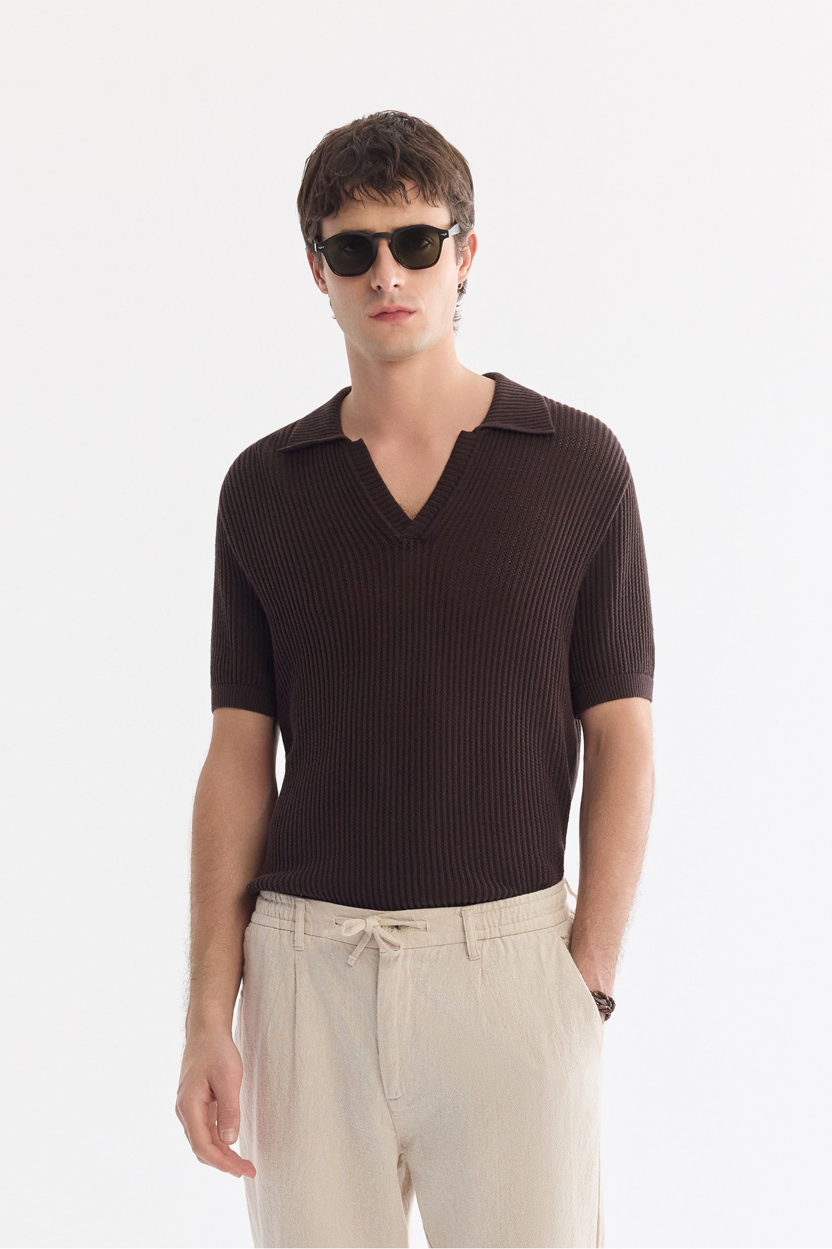 Avva Erkek Bej Beli Bağcıklı Keten Karışımlı Chino Relaxed Fit Pantolon B003036 görsel 7